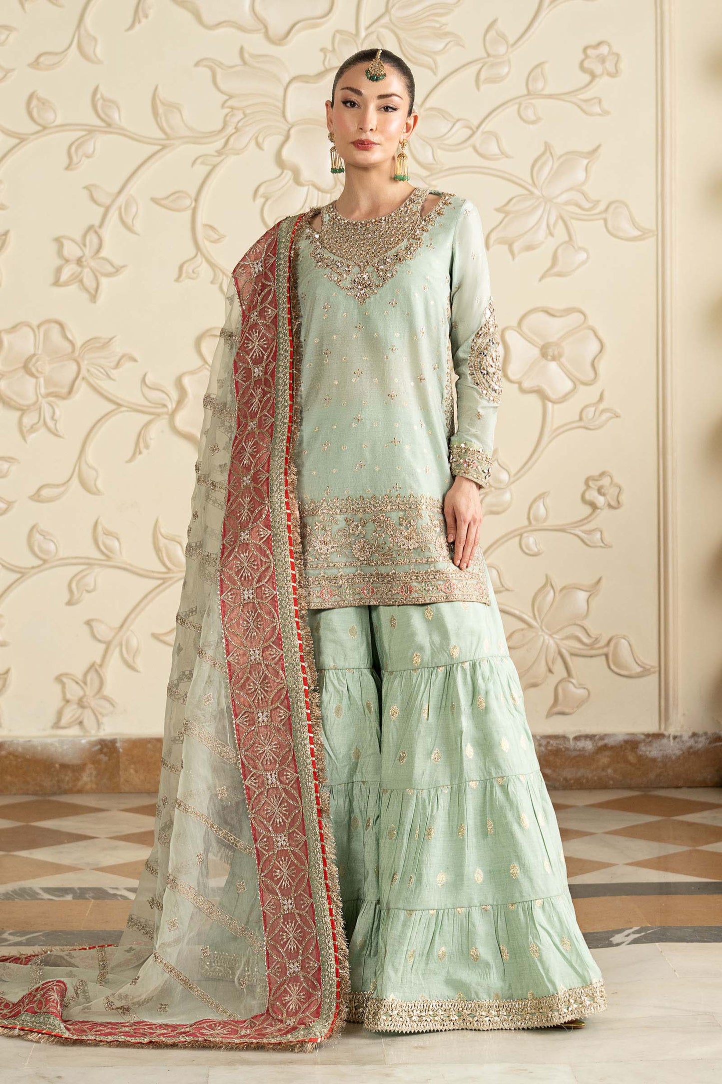 SF-EF26-30-Sea Green | 3 Piece Embroidered Cotton Lurex Suit | MARIA.B