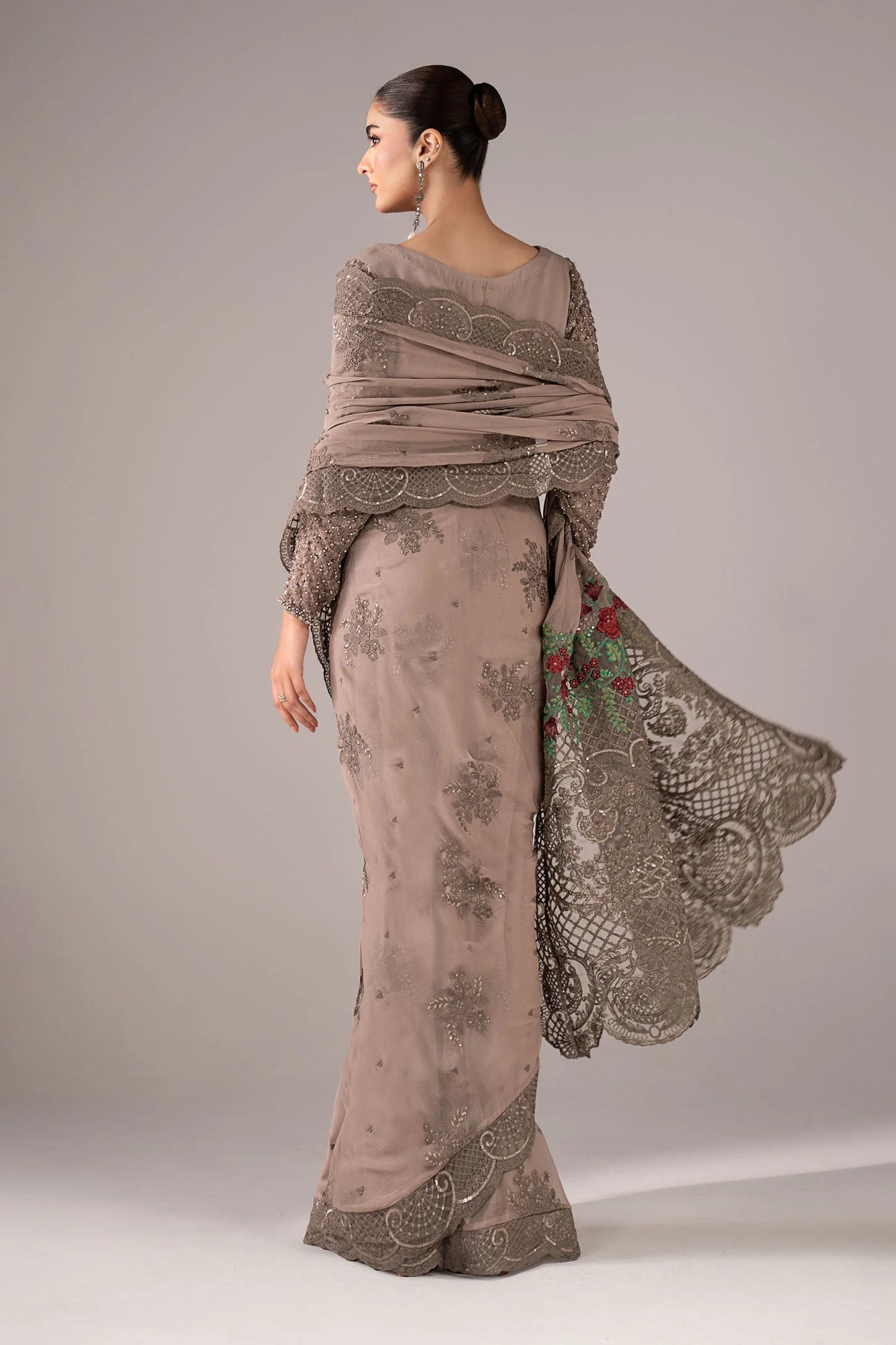 SF-EF26-40-Grey | Embroidered Chiffon Saree | MARIA.B