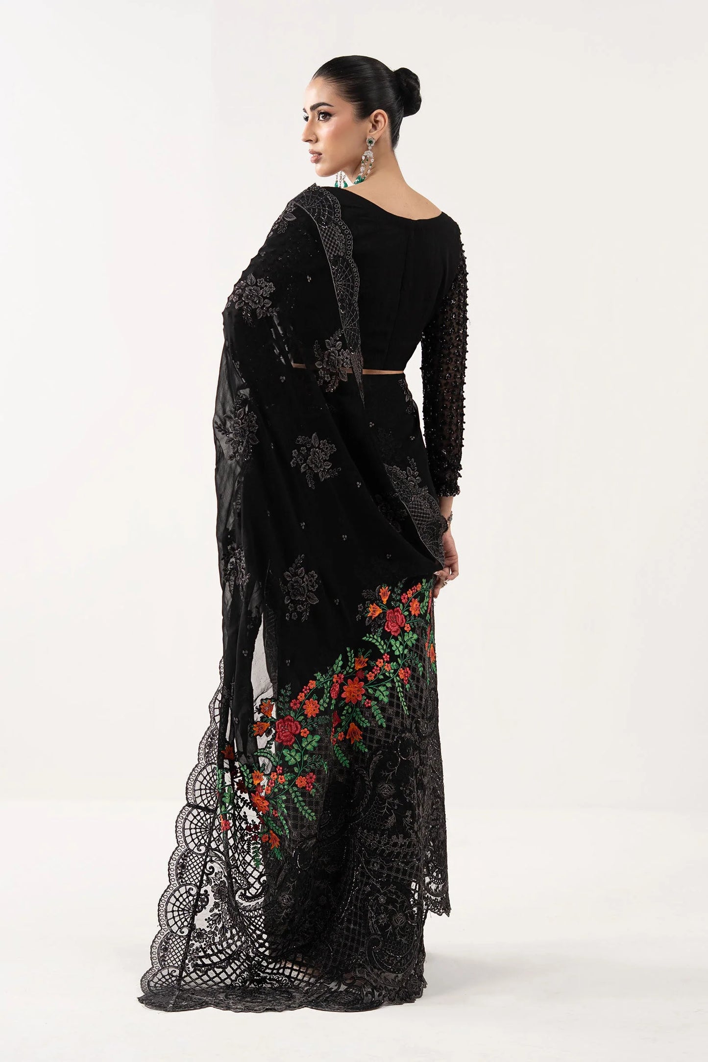SF-EF26-40-Black | Embroidered Chiffon Saree | MARIA.B