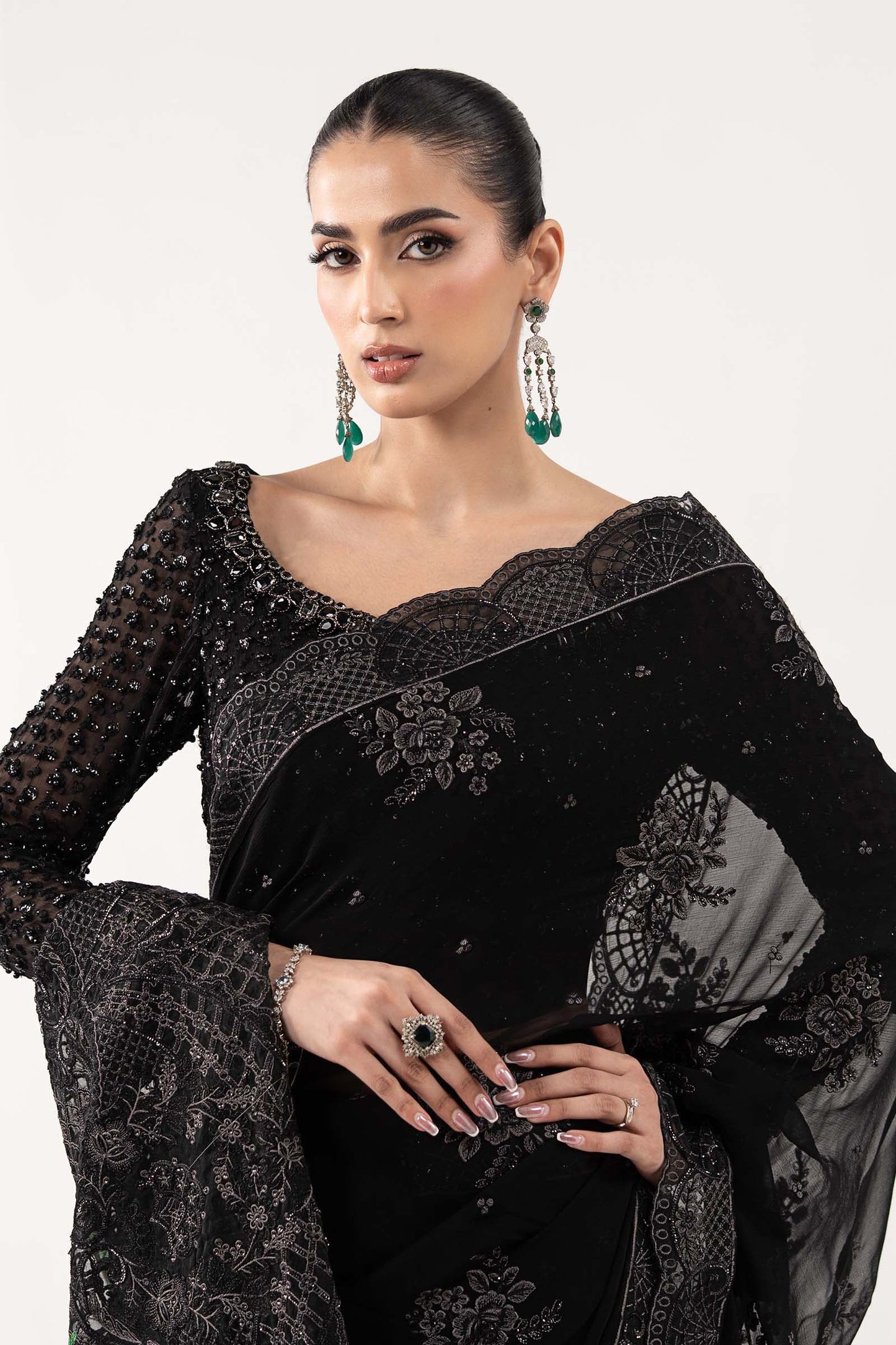 SF-EF26-40-Black | Embroidered Chiffon Saree | MARIA.B