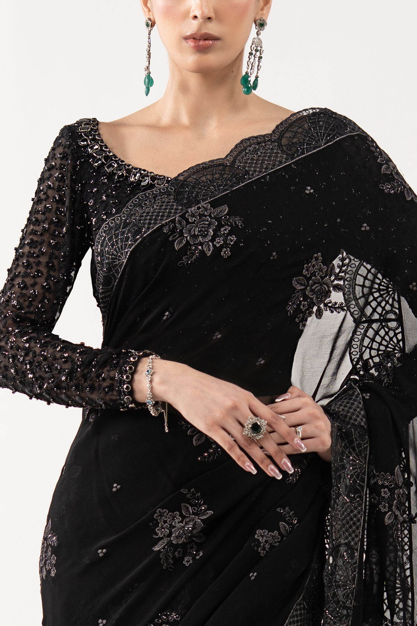 SF-EF26-40-Black | Embroidered Chiffon Saree | MARIA.B
