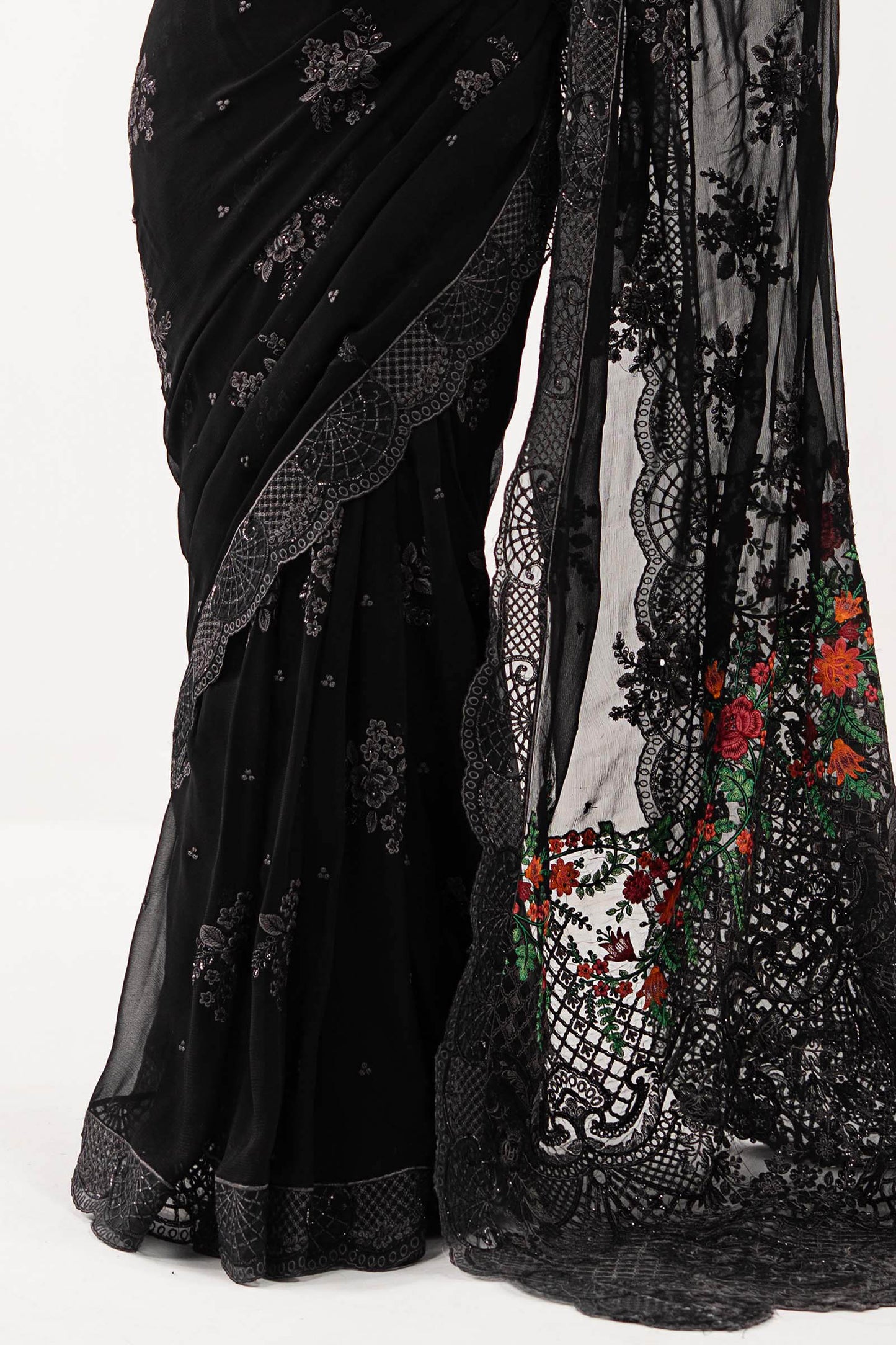 SF-EF26-40-Black | Embroidered Chiffon Saree | MARIA.B
