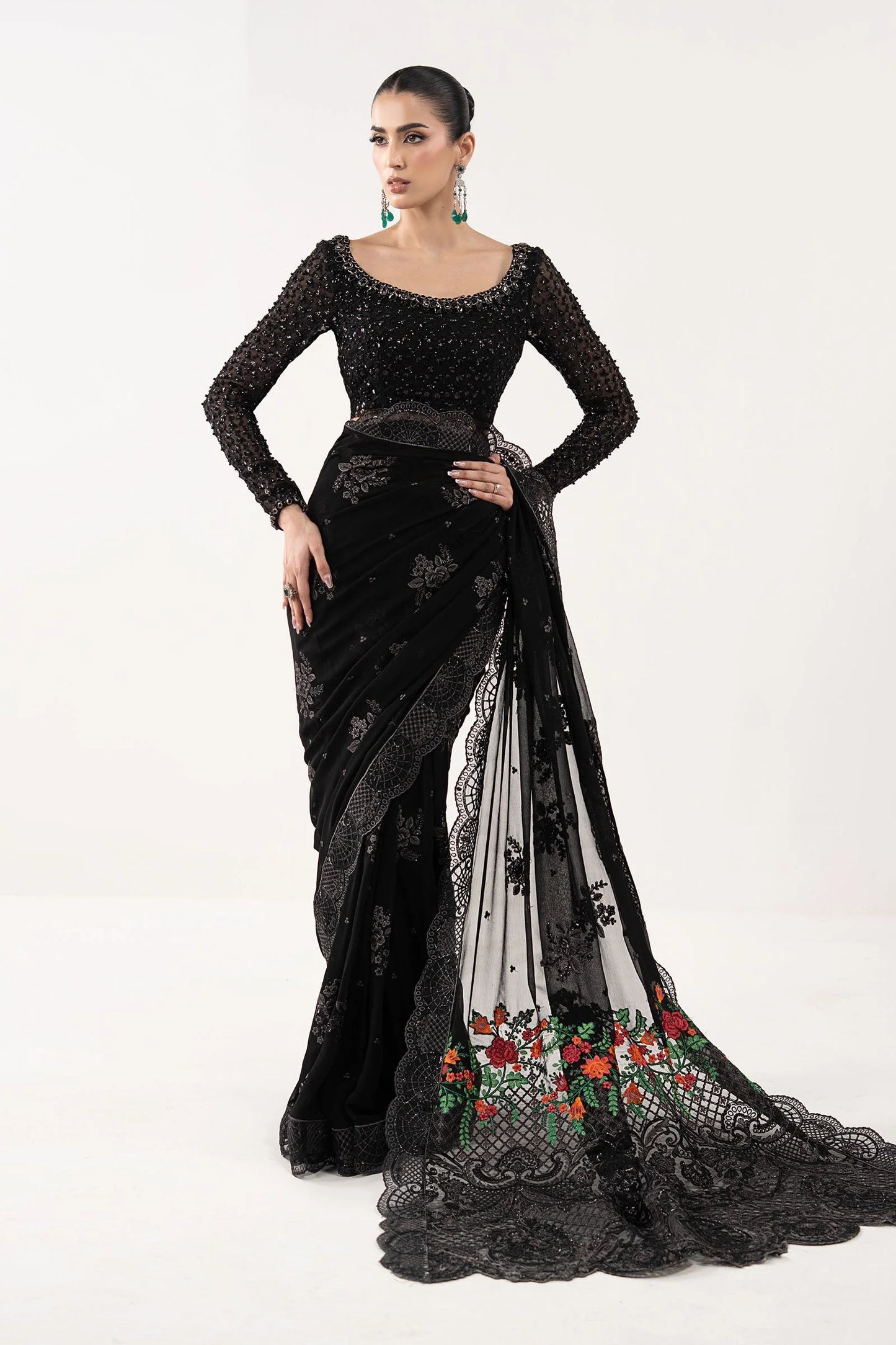 SF-EF26-40-Black | Embroidered Chiffon Saree | MARIA.B