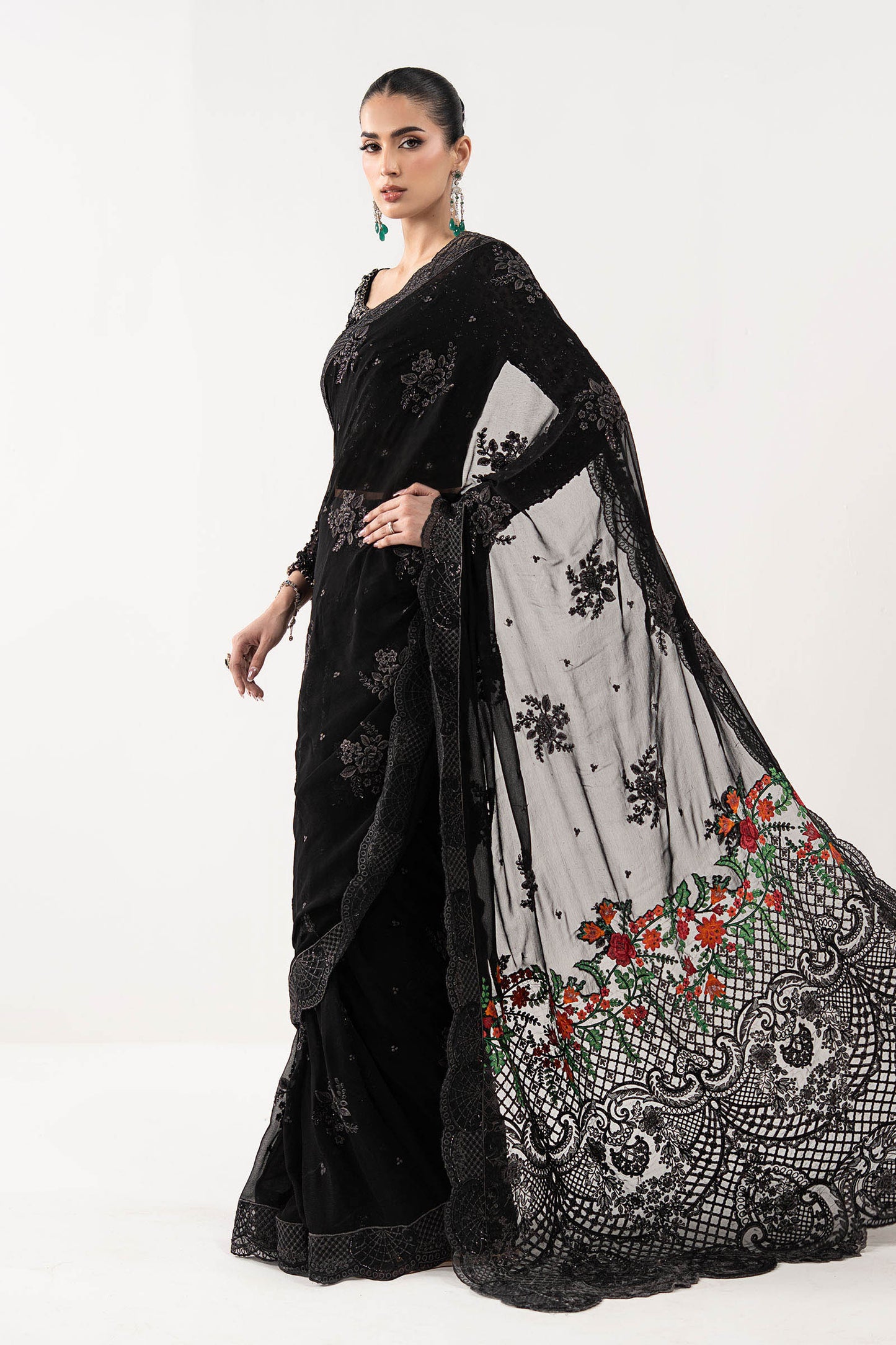 SF-EF26-40-Black | Embroidered Chiffon Saree | MARIA.B