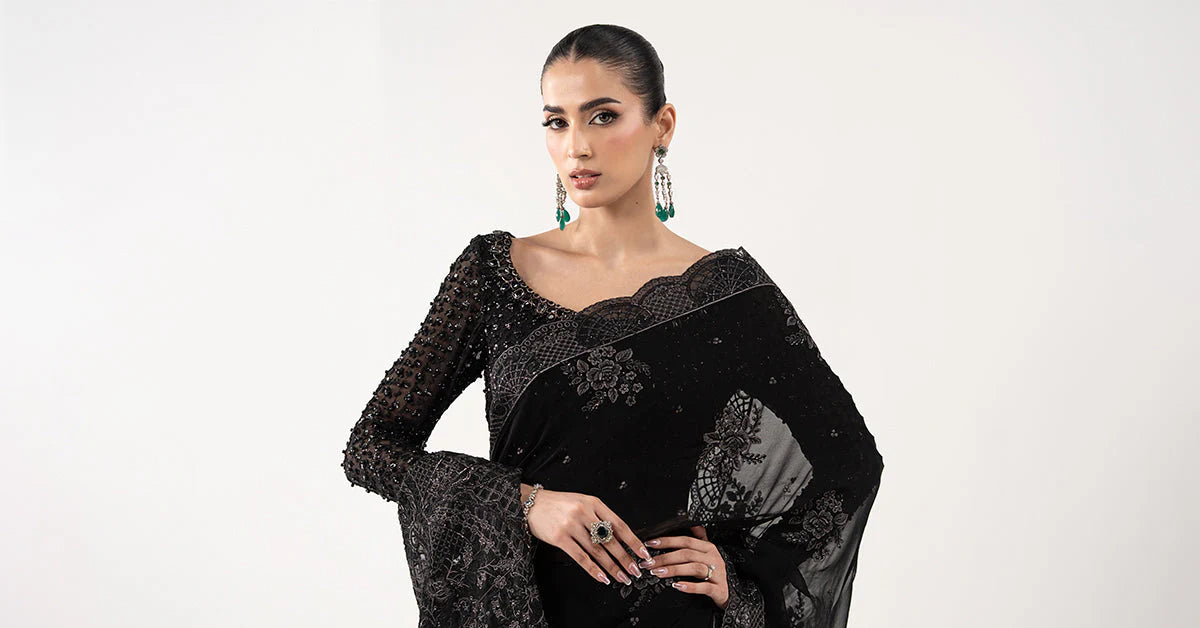 SF-EF26-40-Black | Embroidered Chiffon Saree | MARIA.B