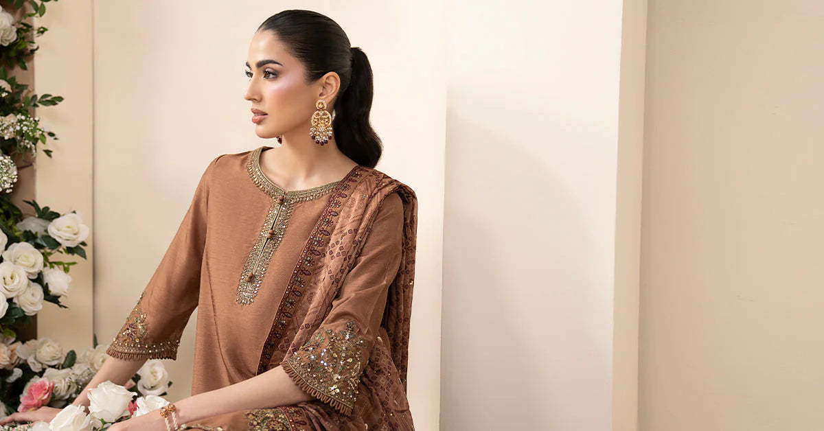 SF-EF26-61 | 3 Piece Embroidered Raw Silk Suit | MARIA.B