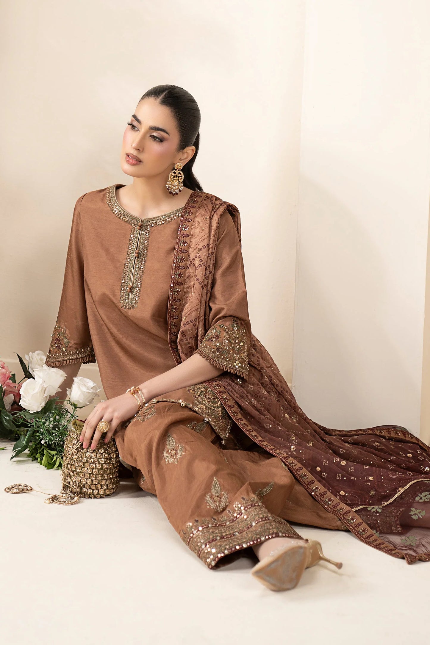 SF-EF26-61 | 3 Piece Embroidered Raw Silk Suit | MARIA.B