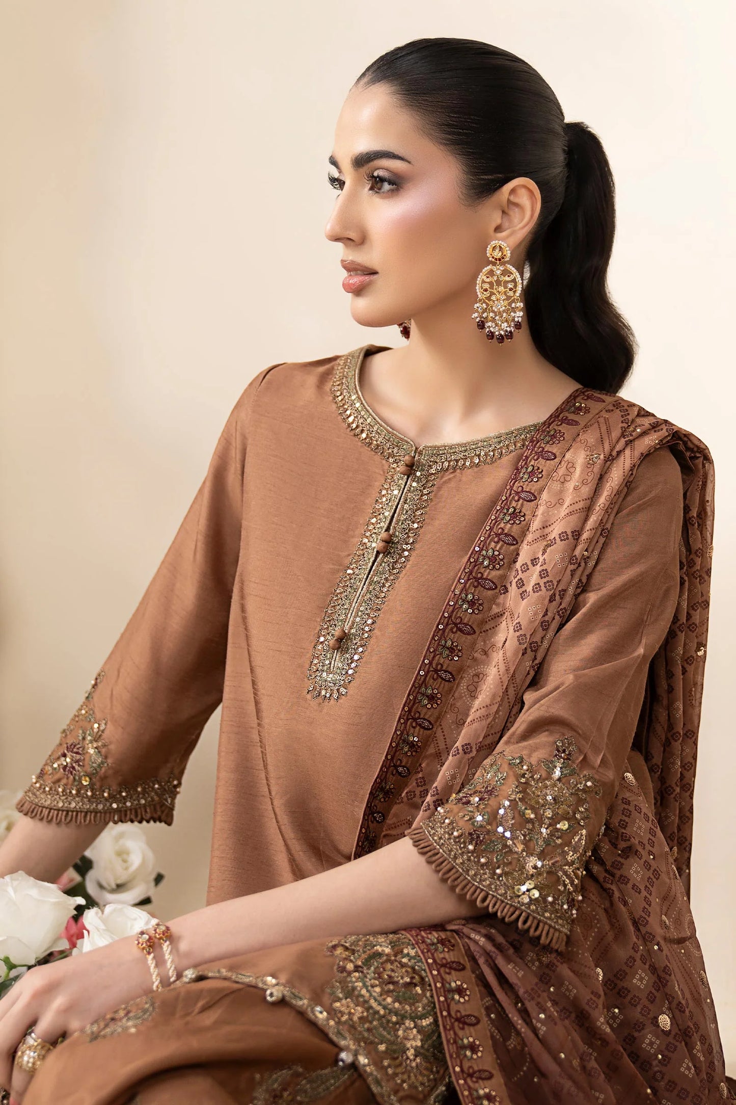 SF-EF26-61 | 3 Piece Embroidered Raw Silk Suit | MARIA.B