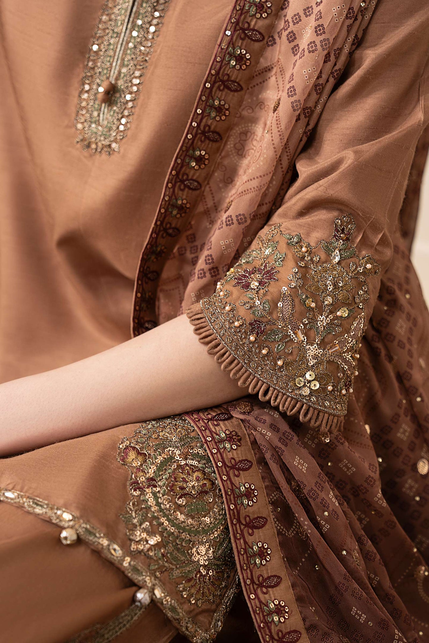 SF-EF26-61 | 3 Piece Embroidered Raw Silk Suit | MARIA.B