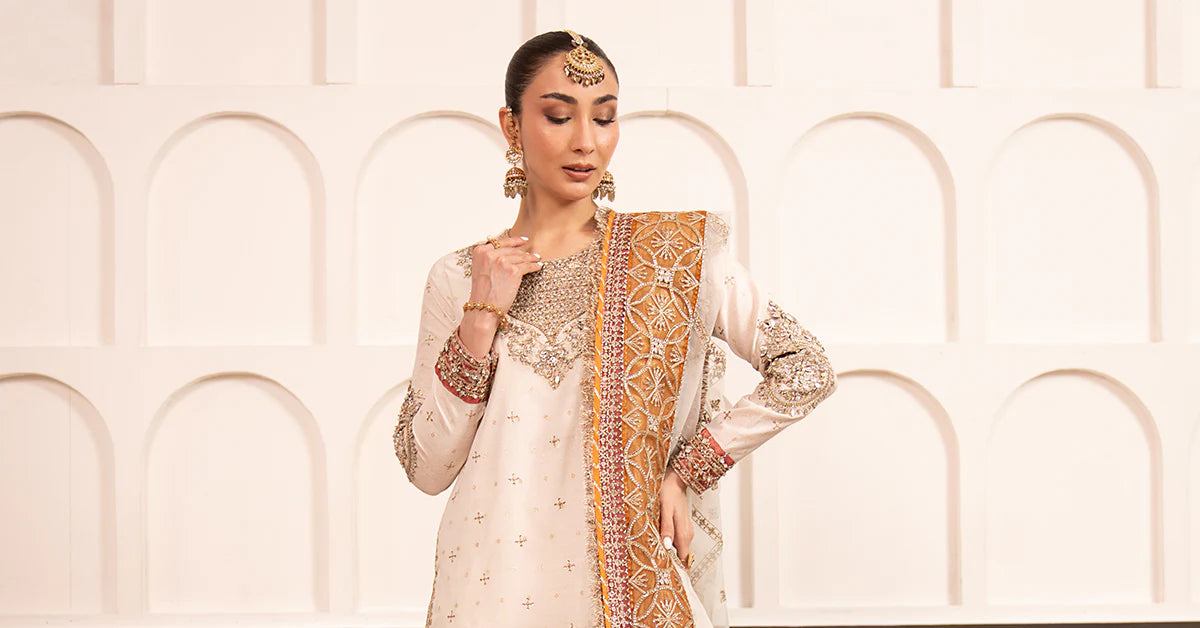 SF-EF26-30-Off White | 3 Piece Embroidered Cotton Lurex Suit | MARIA.B