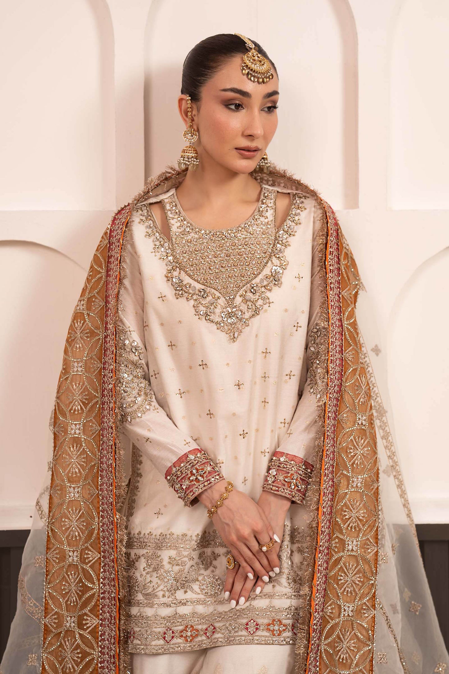 SF-EF26-30-Off White | 3 Piece Embroidered Cotton Lurex Suit | MARIA.B