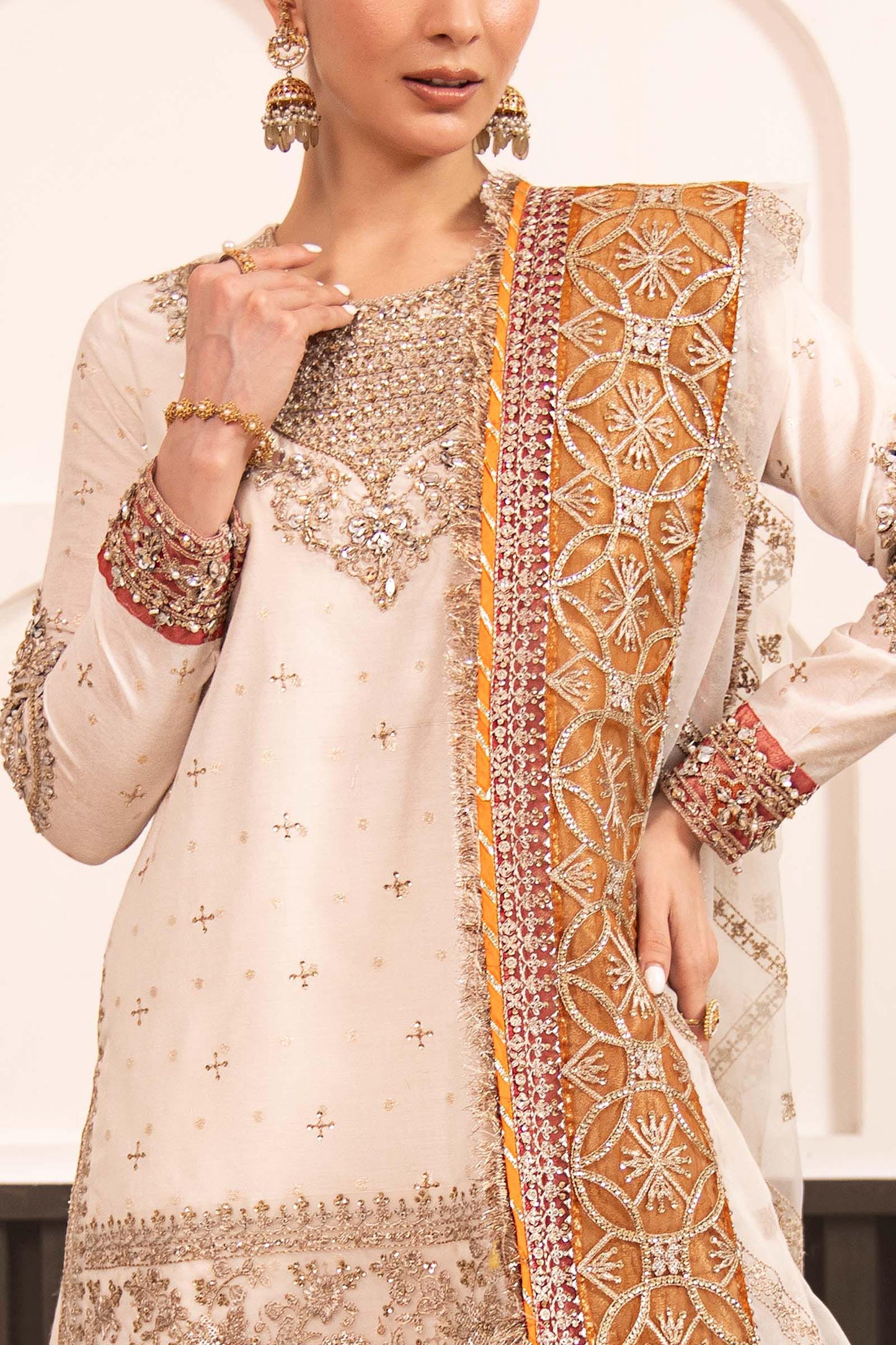SF-EF26-30-Off White | 3 Piece Embroidered Cotton Lurex Suit | MARIA.B
