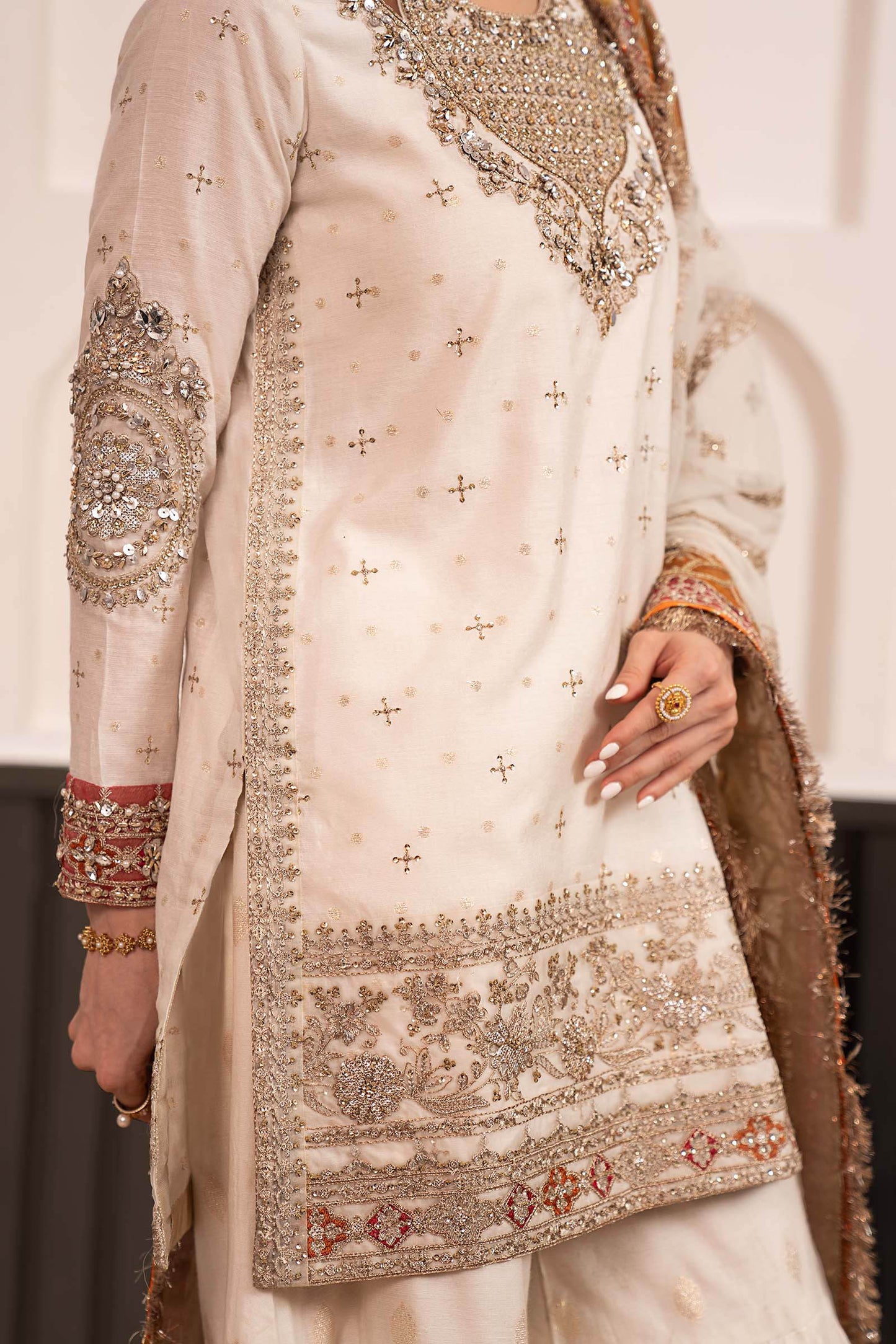 SF-EF26-30-Off White | 3 Piece Embroidered Cotton Lurex Suit | MARIA.B