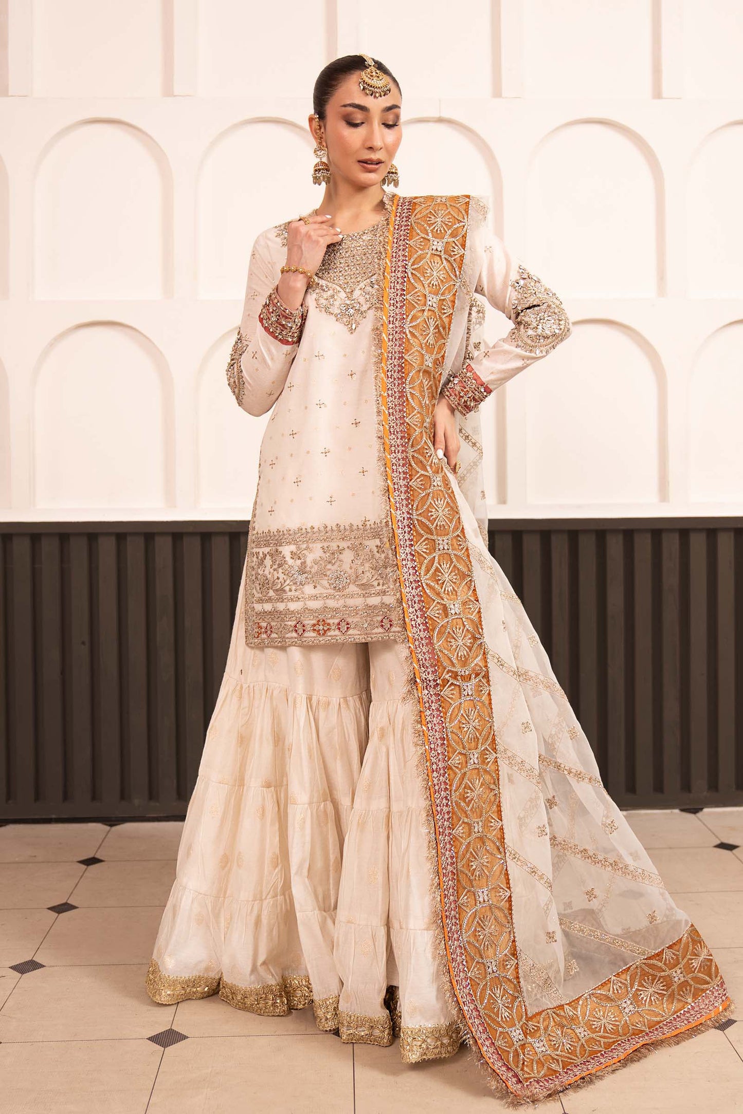 SF-EF26-30-Off White | 3 Piece Embroidered Cotton Lurex Suit | MARIA.B