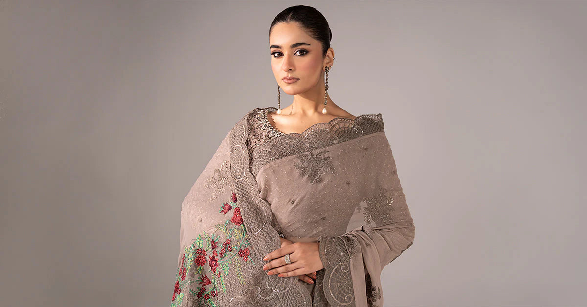 SF-EF26-40-Grey | Embroidered Chiffon Saree | MARIA.B