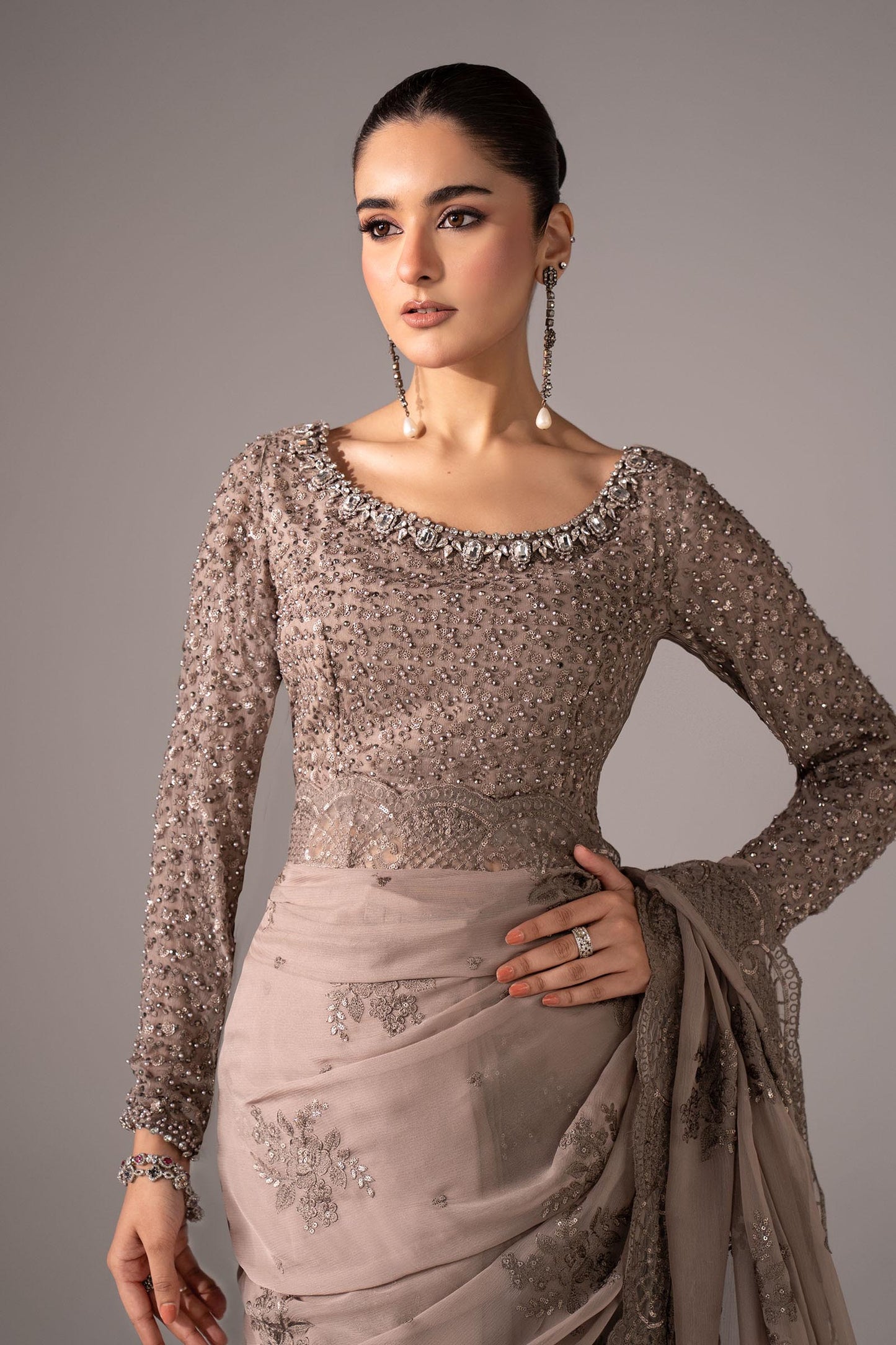 SF-EF26-40-Grey | Embroidered Chiffon Saree | MARIA.B