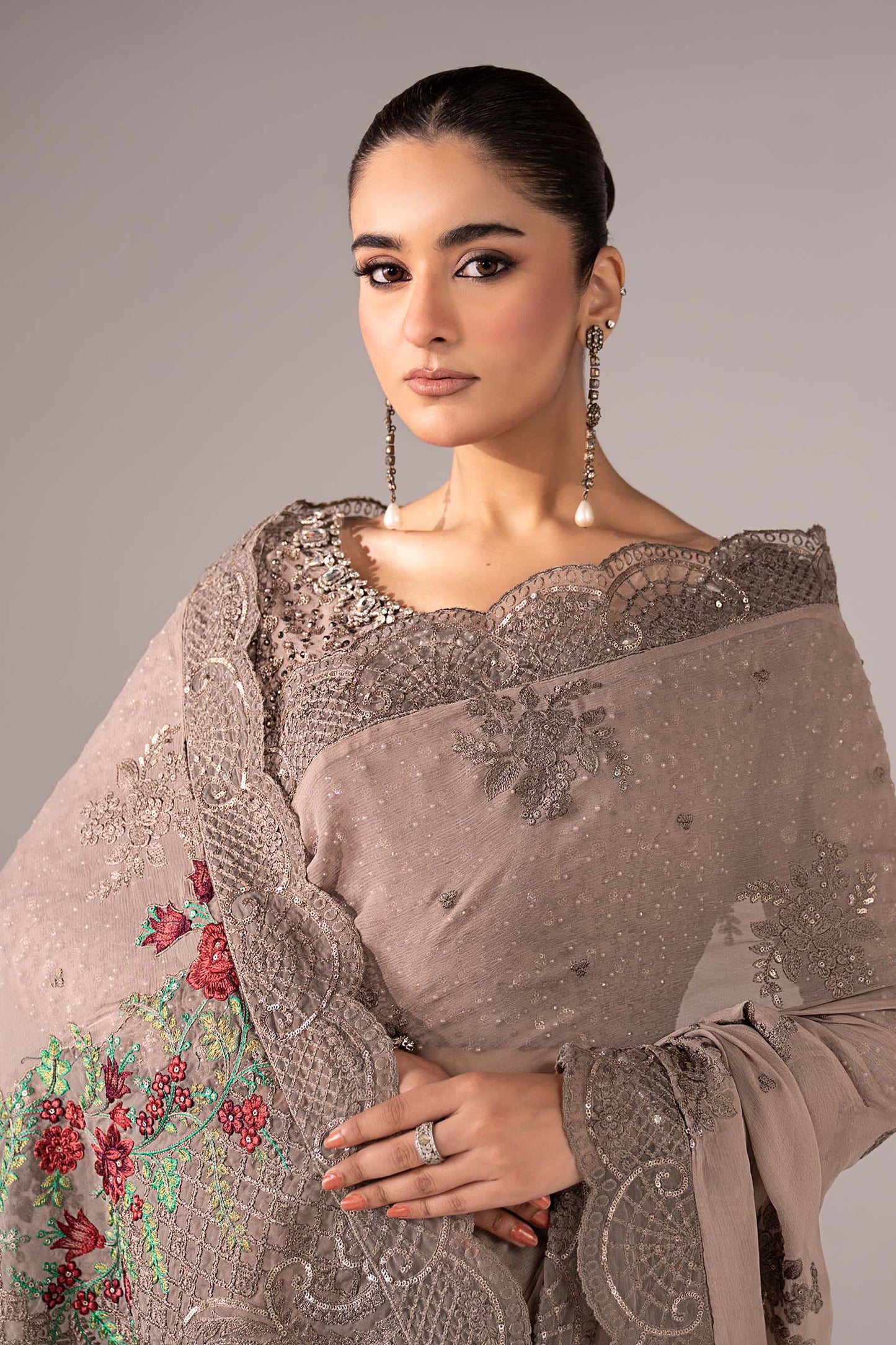 SF-EF26-40-Grey | Embroidered Chiffon Saree | MARIA.B
