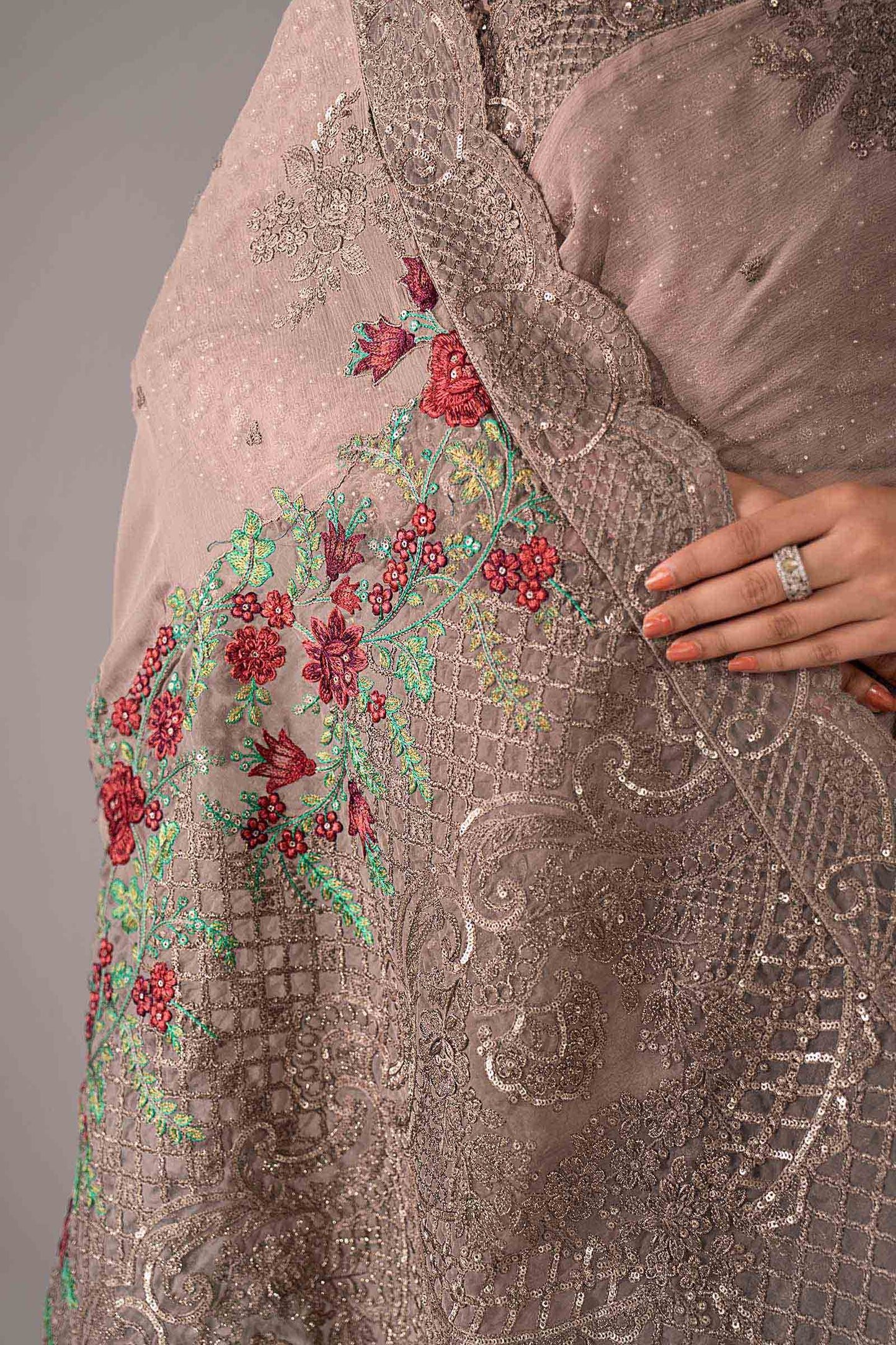 SF-EF26-40-Grey | Embroidered Chiffon Saree | MARIA.B