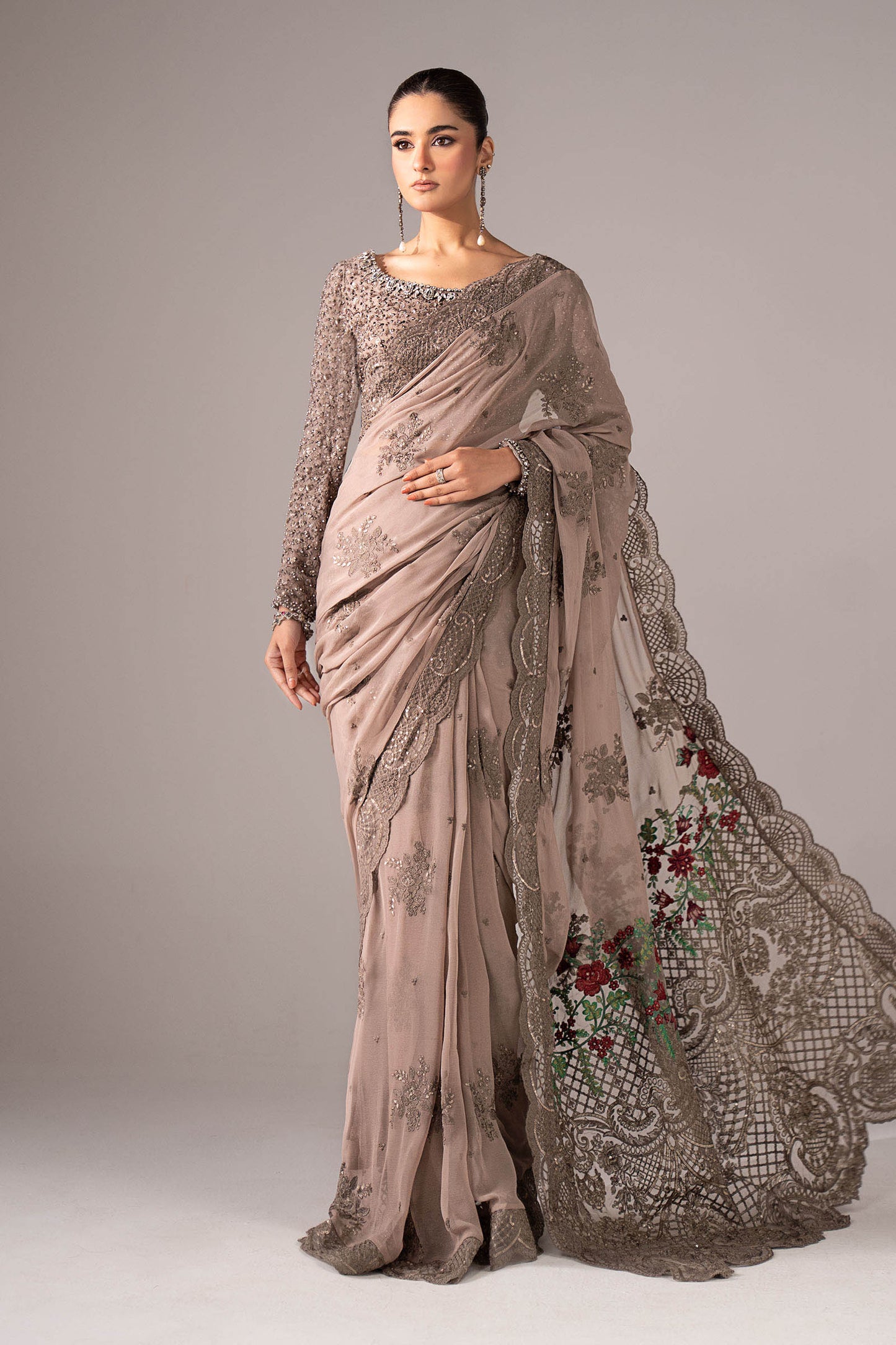 SF-EF26-40-Grey | Embroidered Chiffon Saree | MARIA.B