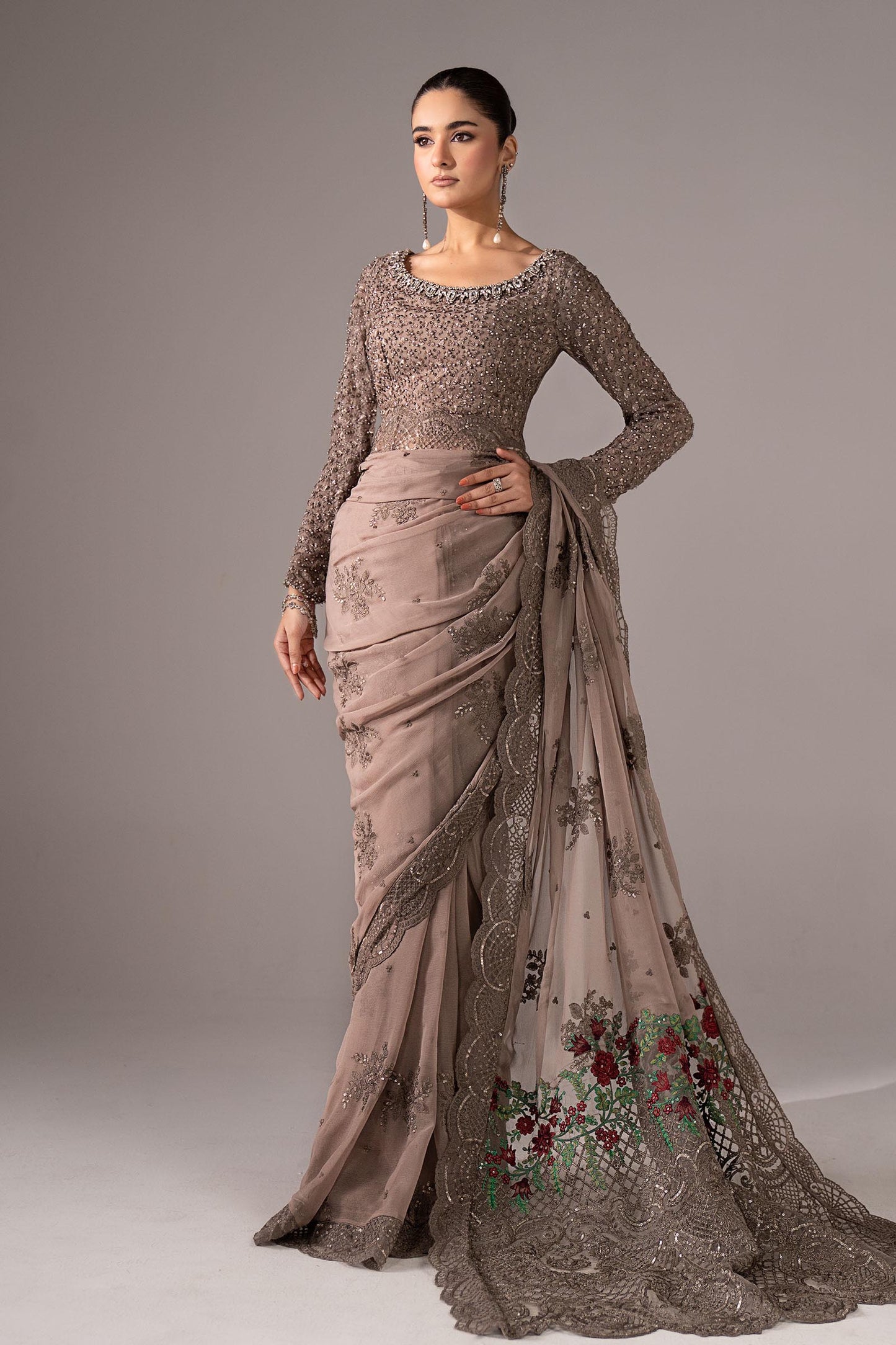 SF-EF26-40-Grey | Embroidered Chiffon Saree | MARIA.B