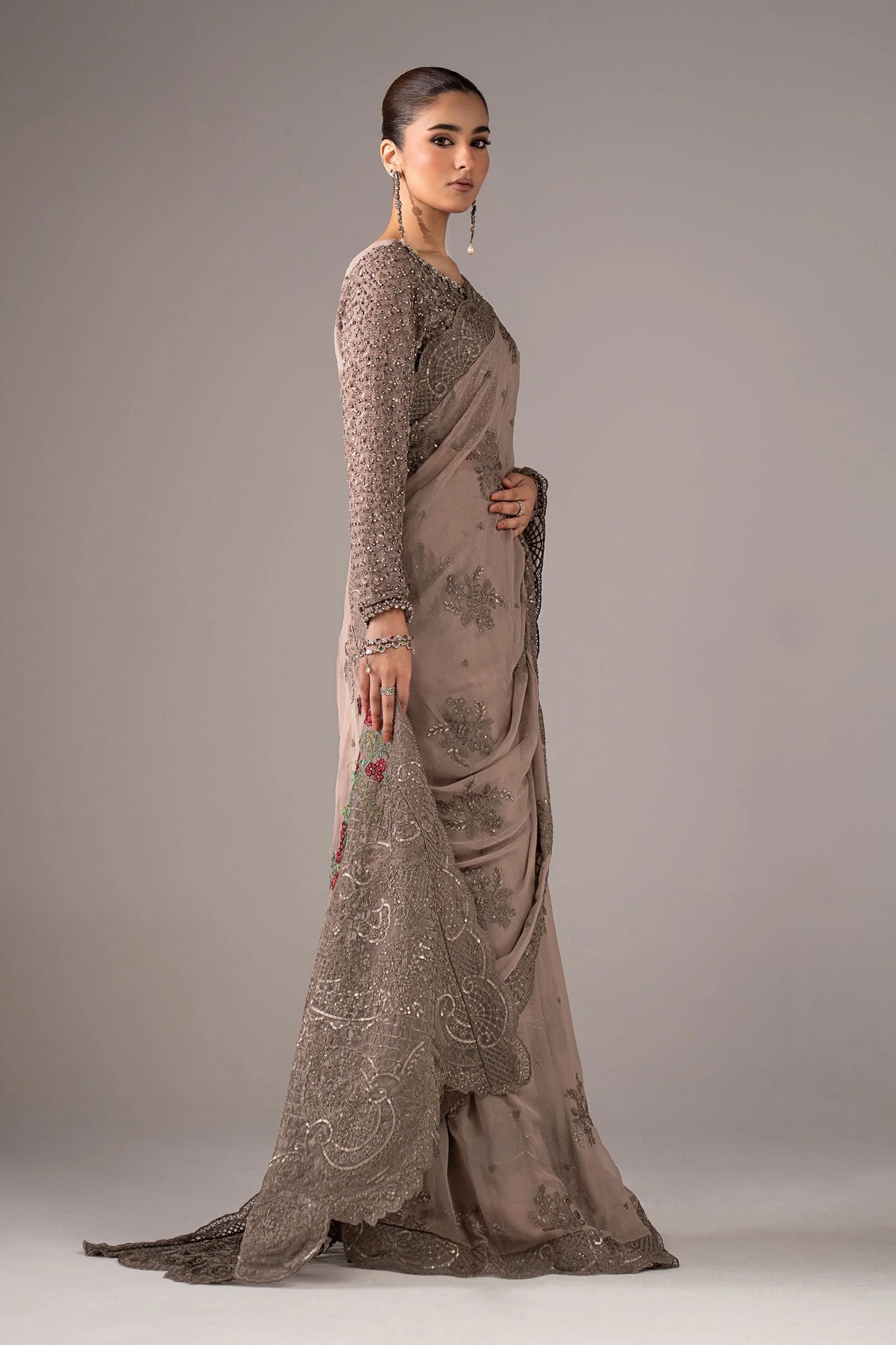 SF-EF26-40-Grey | Embroidered Chiffon Saree | MARIA.B