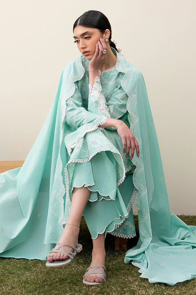 NEO MINT-3PC EMBROIDERED LAWN SUIT | Cross Stitch