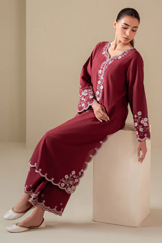RED WINE-2PC (SHIRT & TROUSER) | EXCLUSIVE PRET | Cross Stitch
