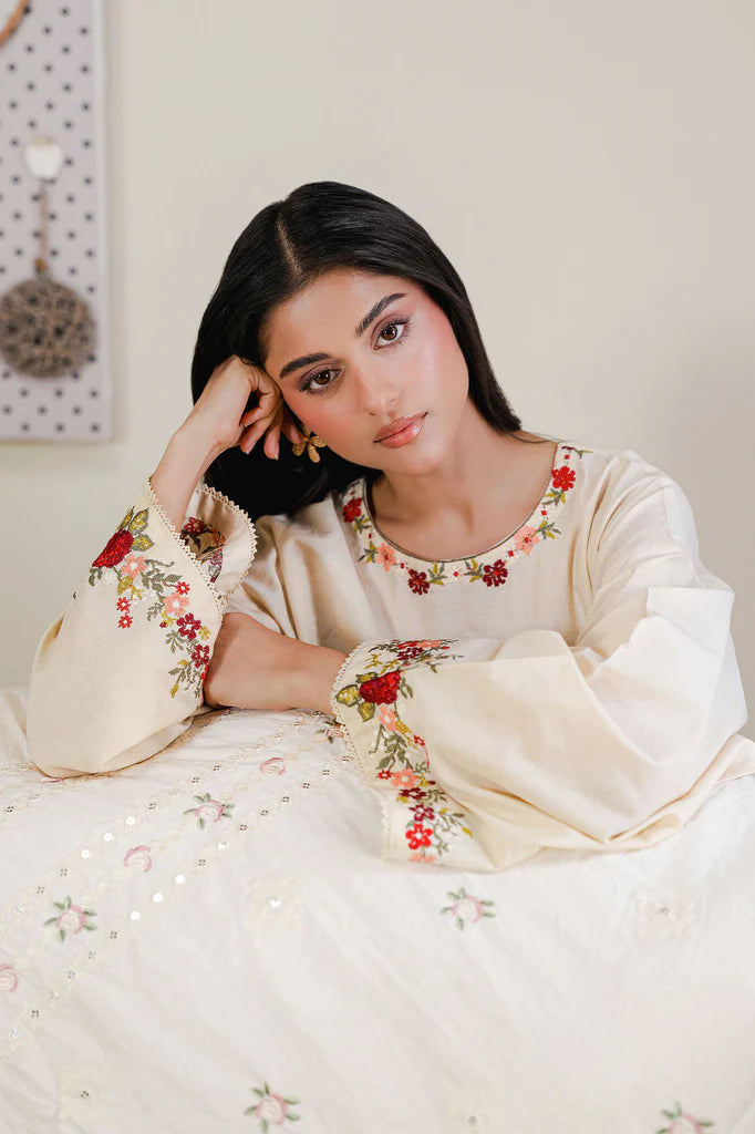 BEIGE BLOSSOM-2PC (SHIRT & TROUSER) | EXCLUSIVE PRET | Cross Stitch