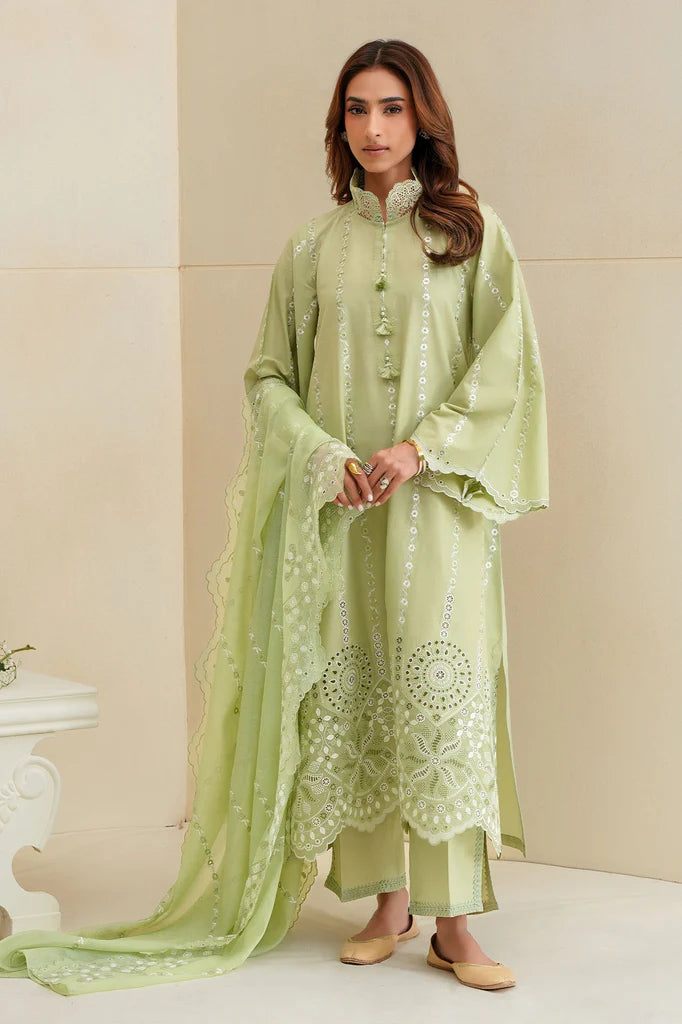 SAGE SILK-3PC CHIKANKARI SUIT | Cross Stitch