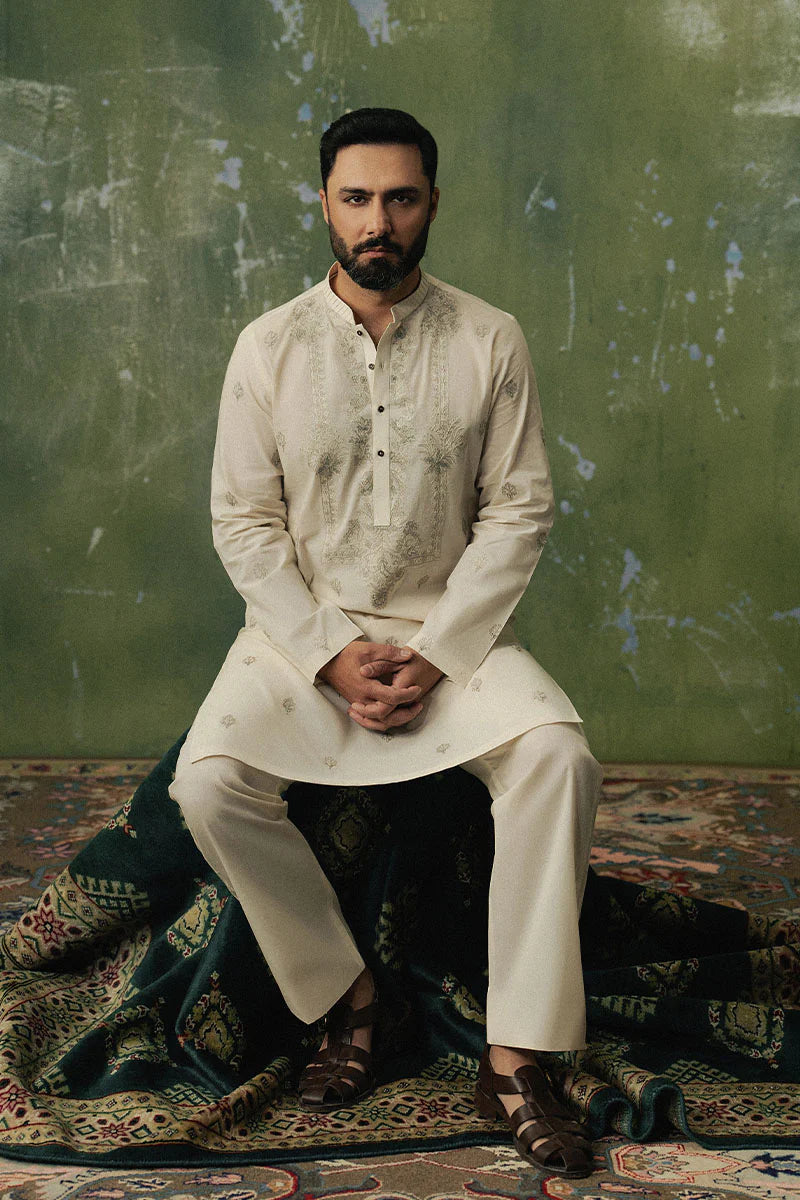 Ivory White Dori Embroidered Kurta Pajama | REPUBLIC MENSWEAR
