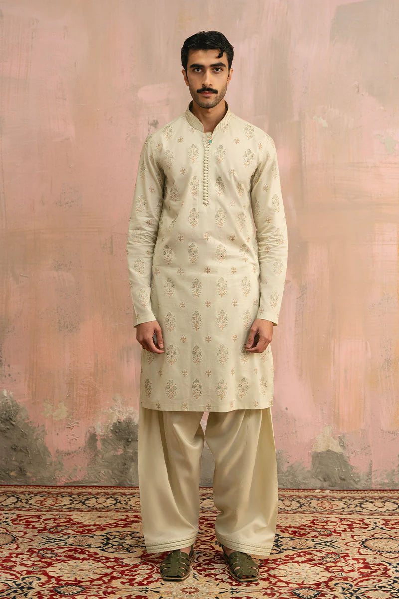Mint Green Block Printed Kurta Shalwar | REPUBLIC MENSWEAR