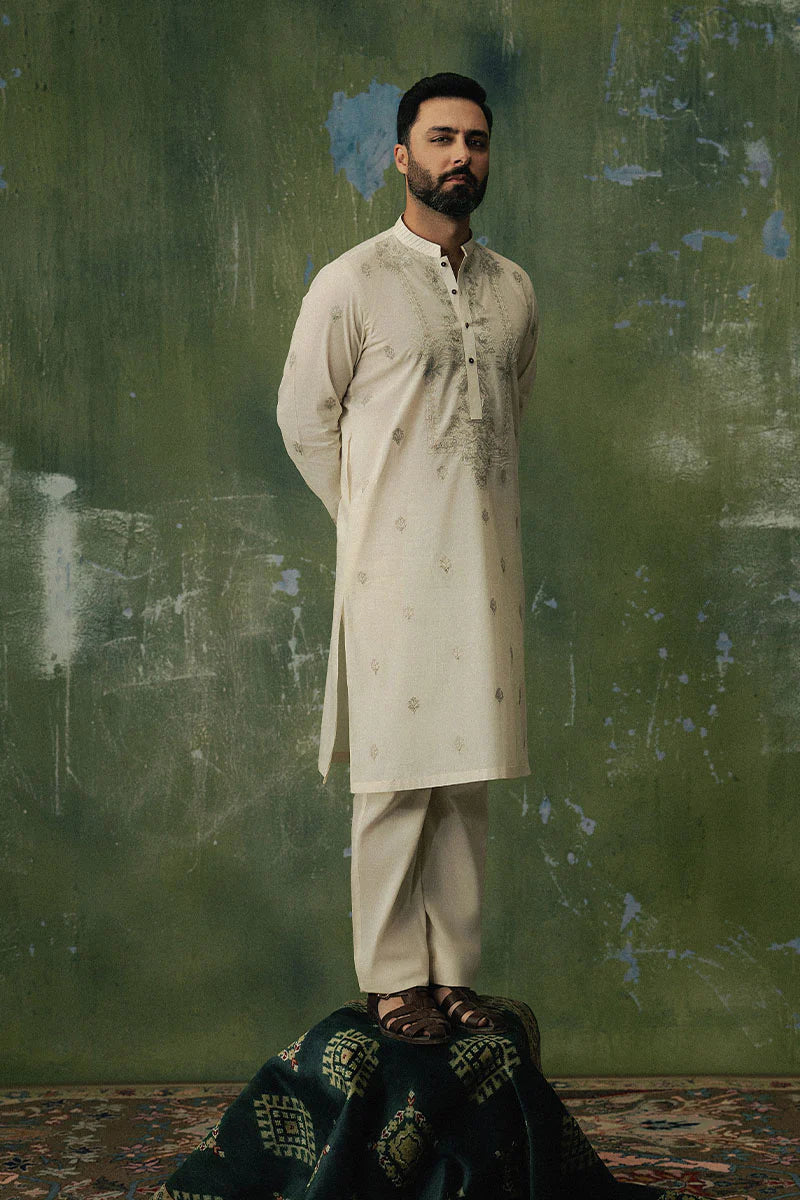 Ivory White Dori Embroidered Kurta Pajama | REPUBLIC MENSWEAR