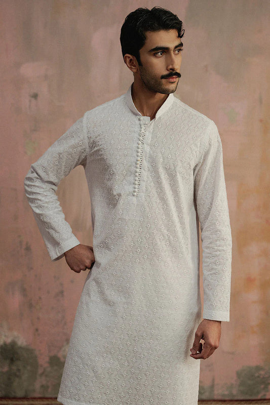 White Chikan-kari Kurta Pajama | REPUBLIC MENSWEAR