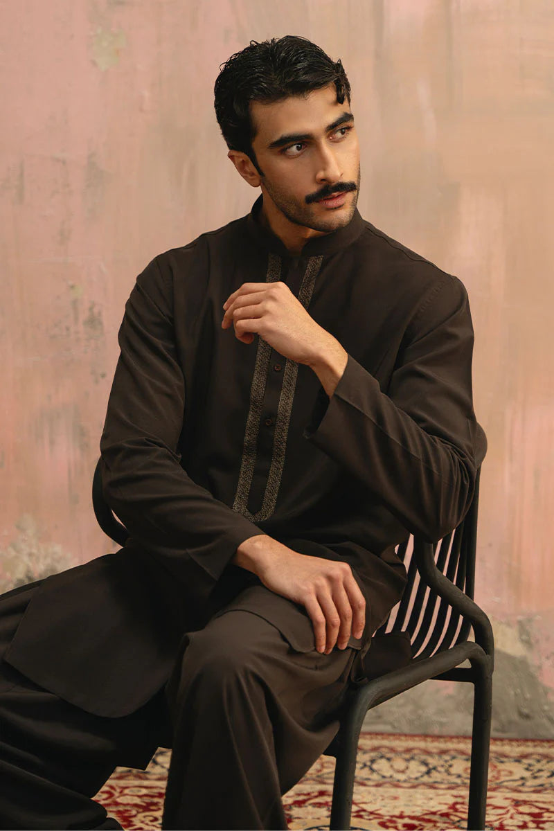 Dark Brown Embroidered Kurta Shalwar | REPUBLIC MENSWEAR