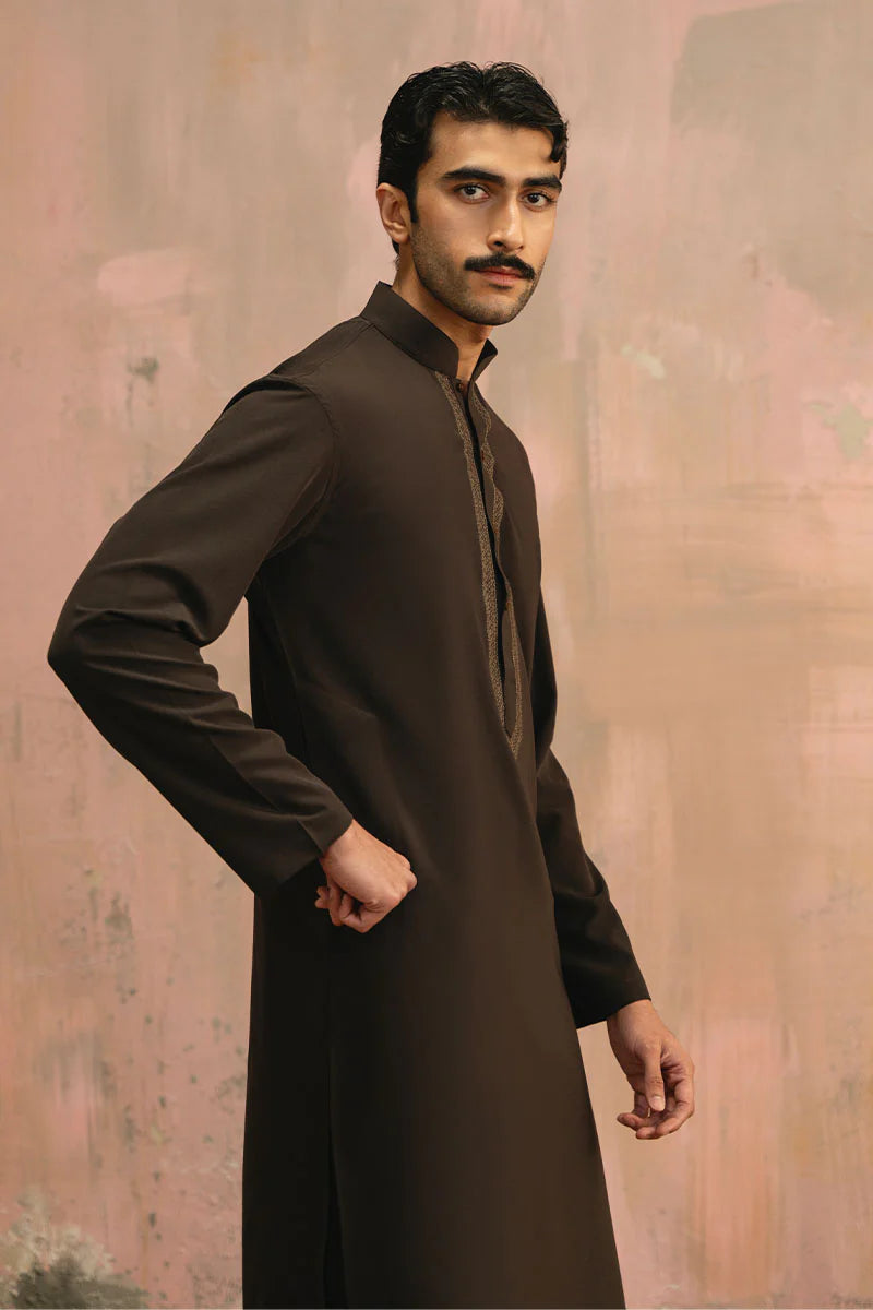 Dark Brown Embroidered Kurta Shalwar | REPUBLIC MENSWEAR
