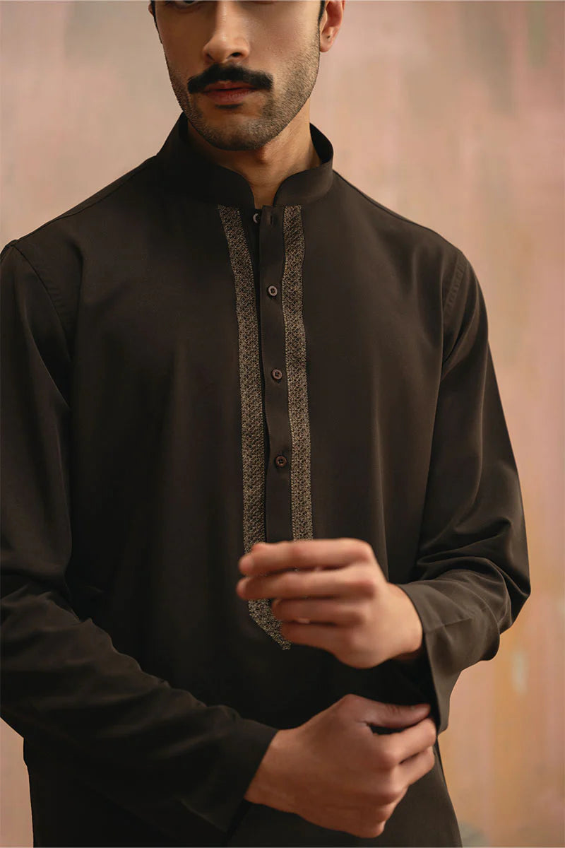 Dark Brown Embroidered Kurta Shalwar | REPUBLIC MENSWEAR