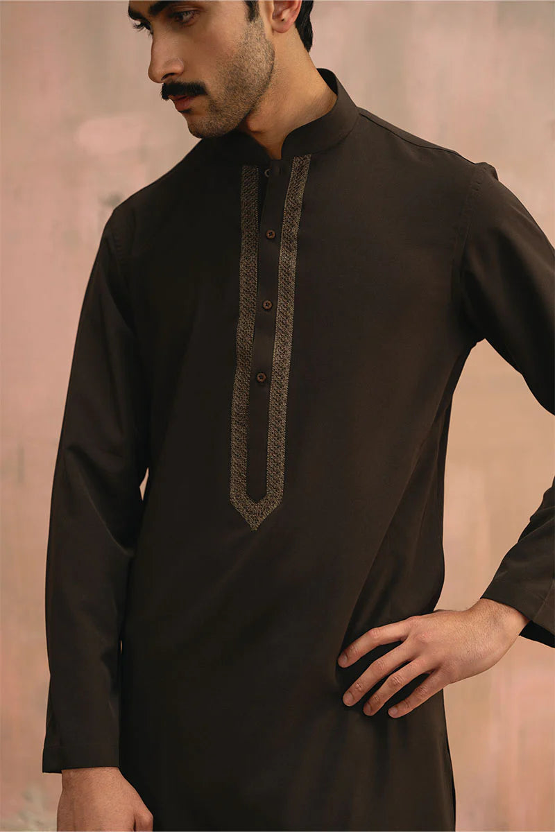 Dark Brown Embroidered Kurta Shalwar | REPUBLIC MENSWEAR