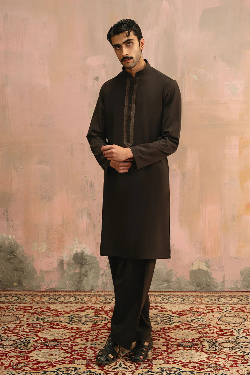 Dark Brown Embroidered Kurta Shalwar | REPUBLIC MENSWEAR