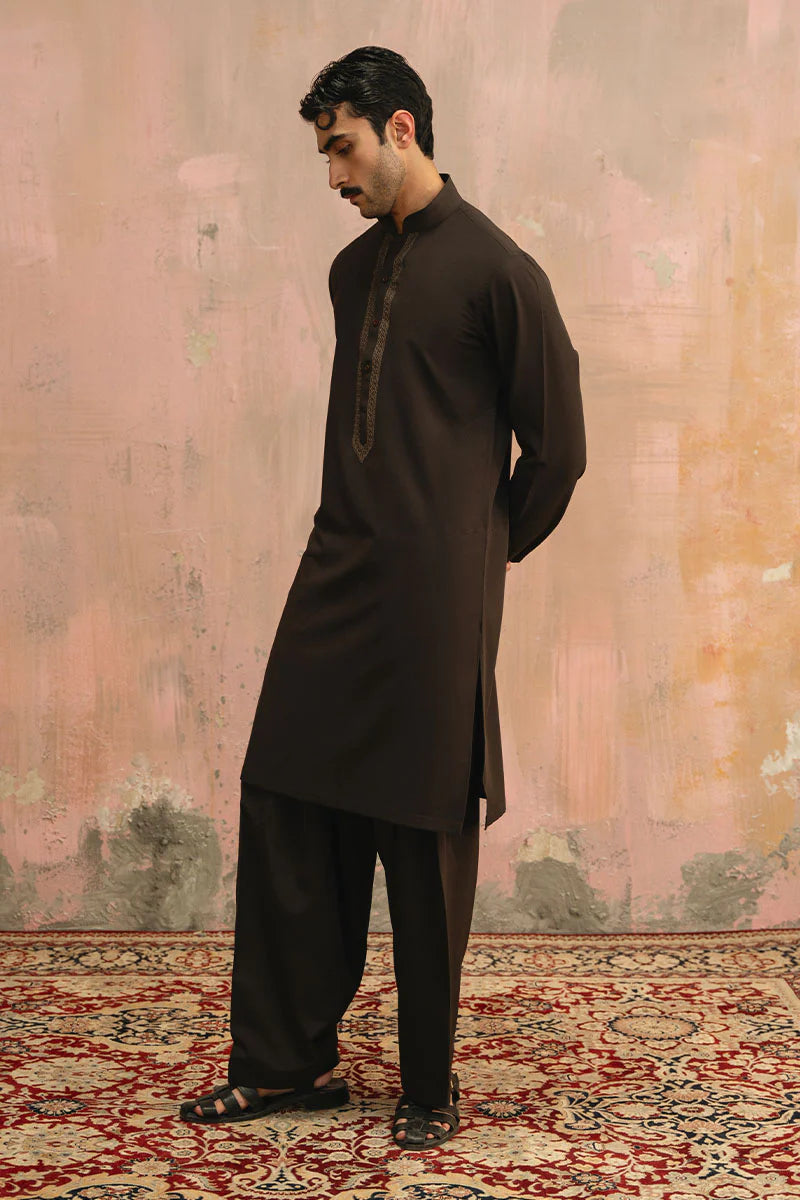 Dark Brown Embroidered Kurta Shalwar | REPUBLIC MENSWEAR
