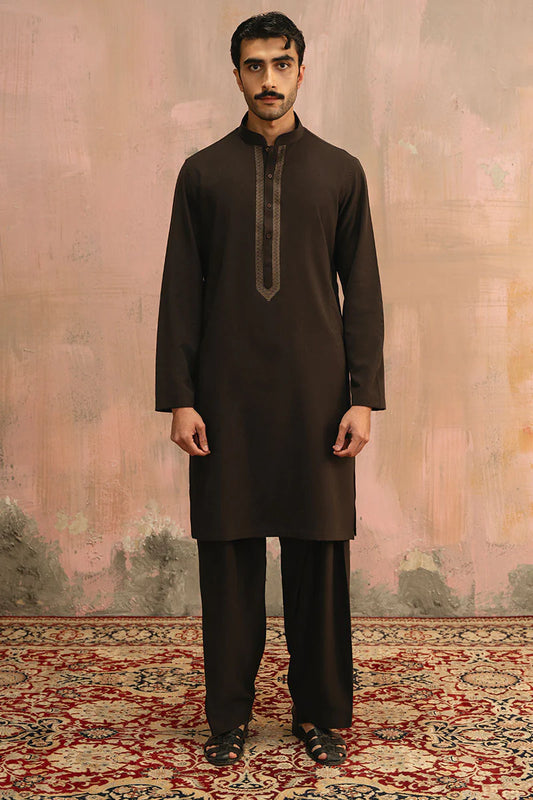 Dark Brown Embroidered Kurta Shalwar | REPUBLIC MENSWEAR