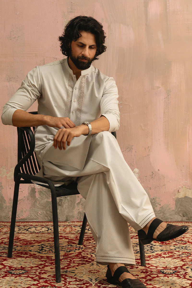 Ice Grey Hand Embroidered Kurta Shalwar | REPUBLIC MENSWEAR