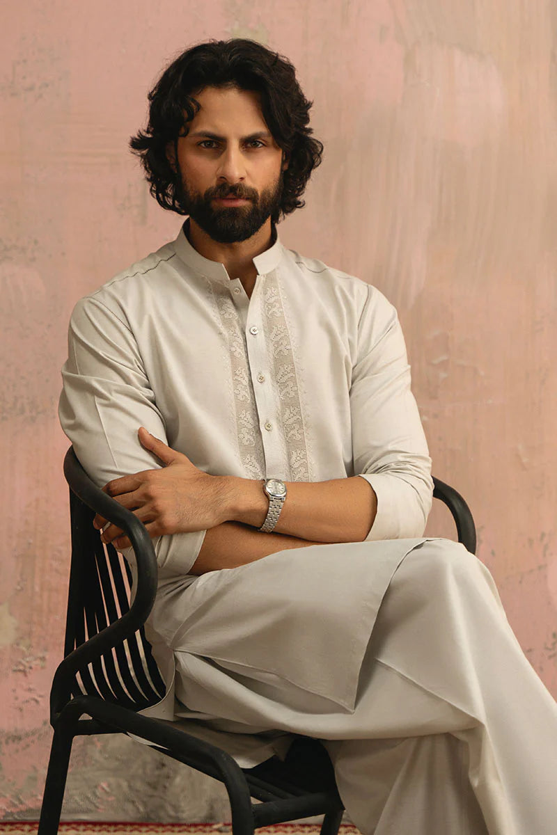Ice Grey Hand Embroidered Kurta Shalwar | REPUBLIC MENSWEAR