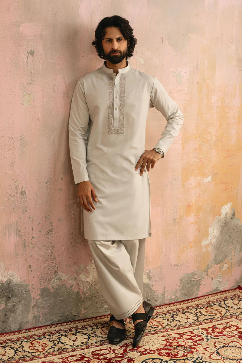 Ice Grey Hand Embroidered Kurta Shalwar | REPUBLIC MENSWEAR