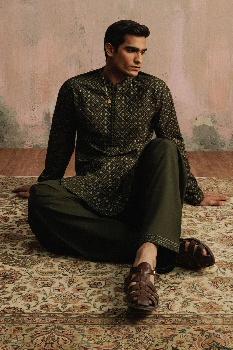 Olive Green Embroidered Kurta Shalwar | REPUBLIC MENSWEAR