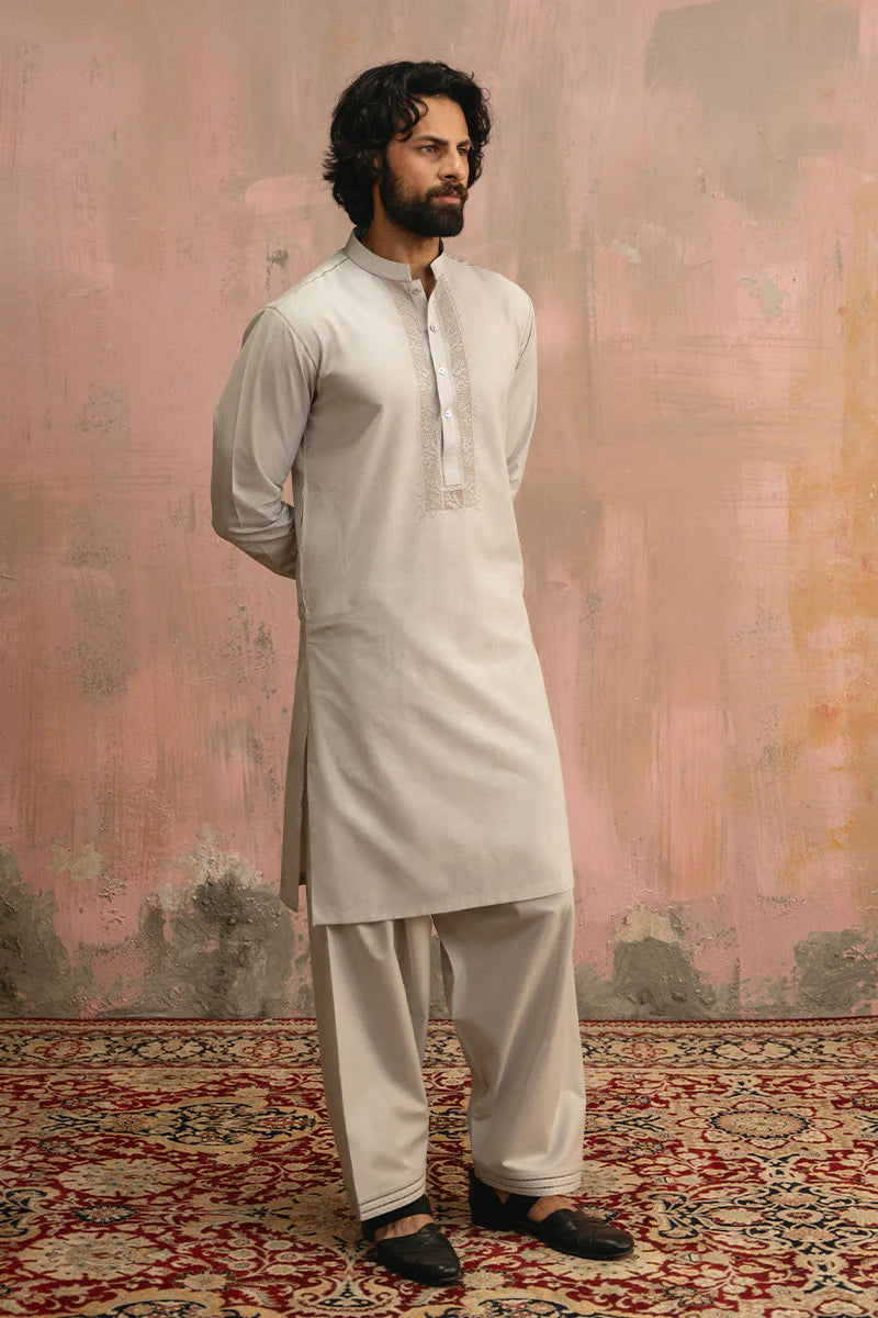 Ice Grey Hand Embroidered Kurta Shalwar | REPUBLIC MENSWEAR