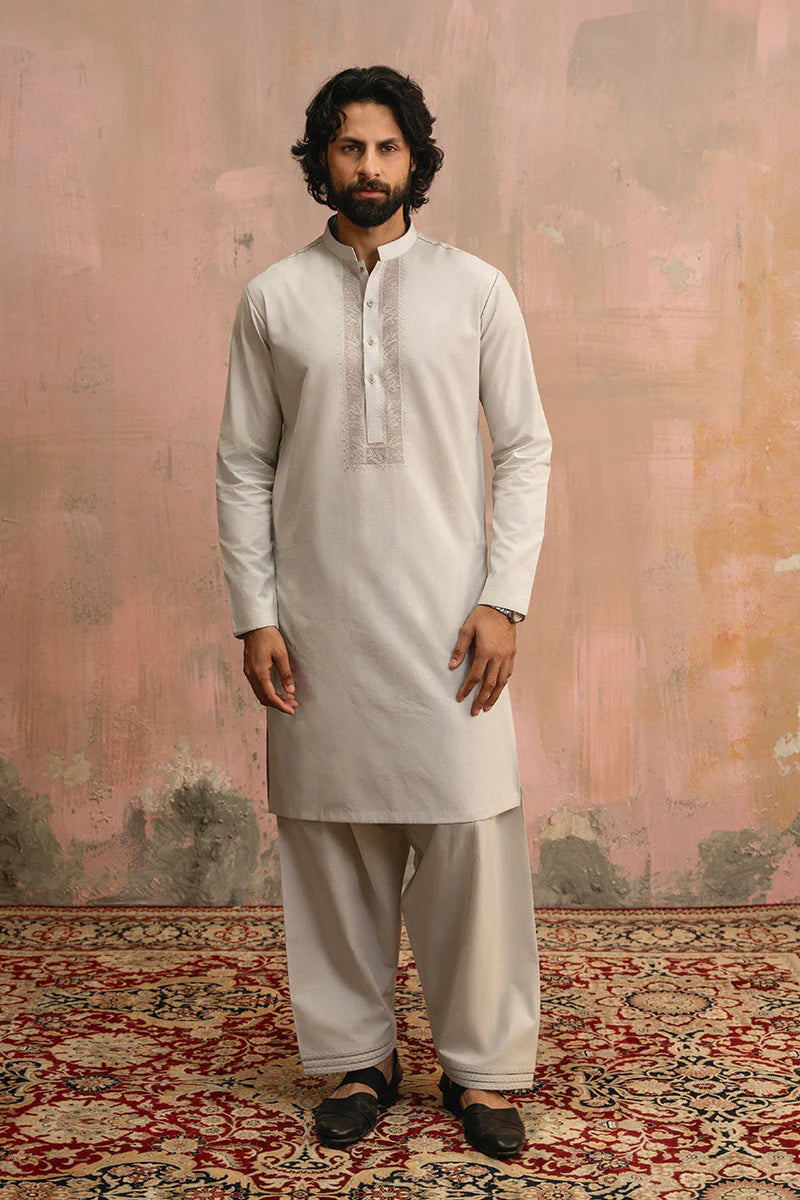 Ice Grey Hand Embroidered Kurta Shalwar | REPUBLIC MENSWEAR
