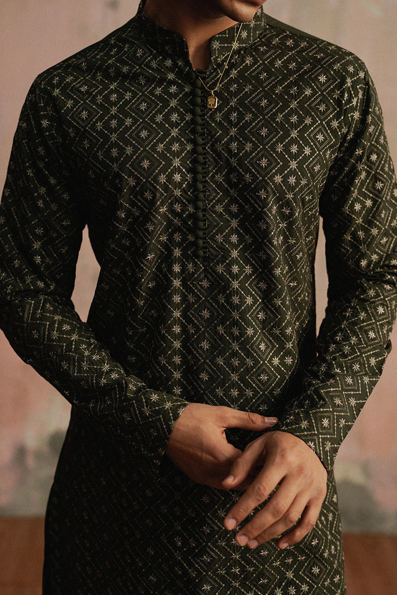 Olive Green Embroidered Kurta Shalwar | REPUBLIC MENSWEAR