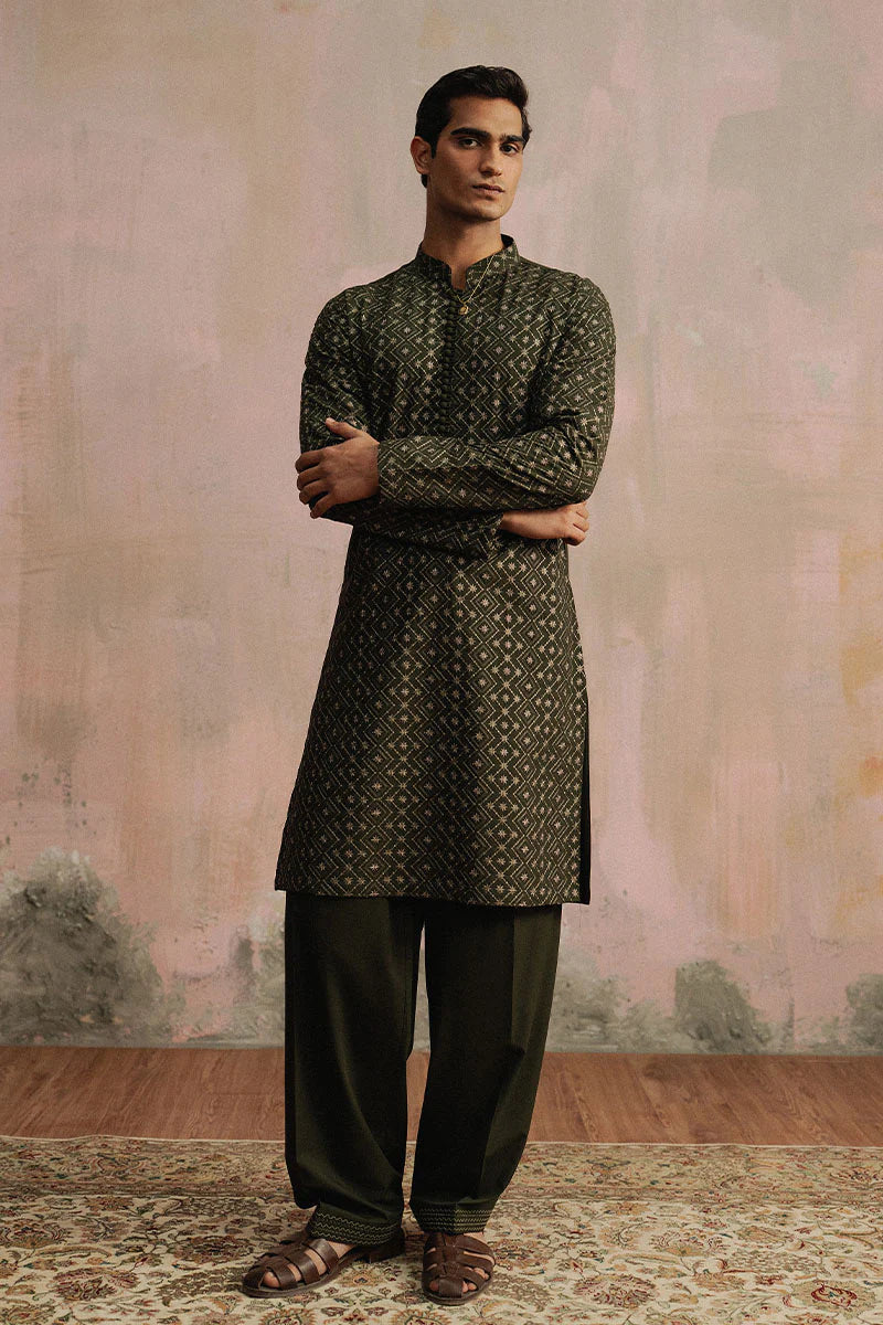 Olive Green Embroidered Kurta Shalwar | REPUBLIC MENSWEAR