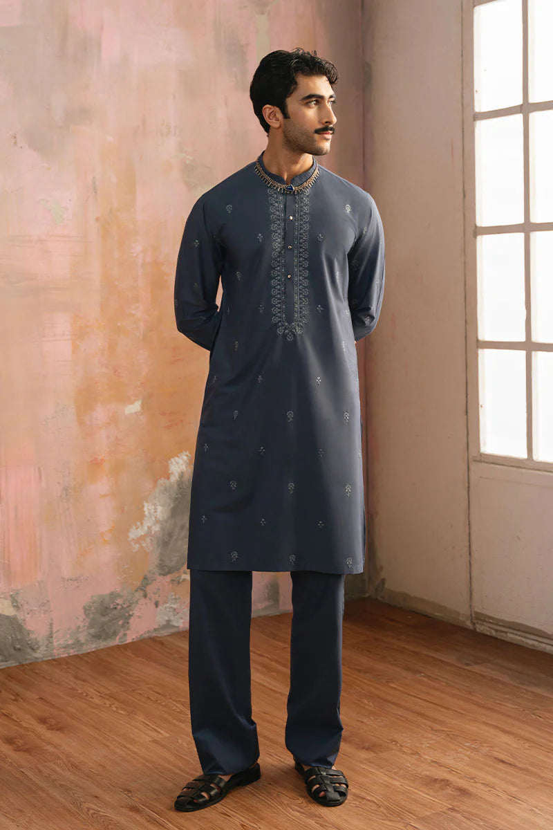 Grey Blue Embroidered Kurta Pajama | REPUBLIC MENSWEAR