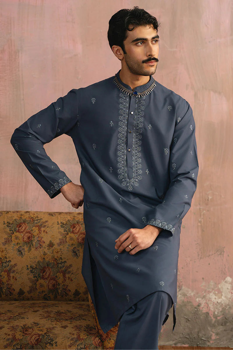 Grey Blue Embroidered Kurta Pajama | REPUBLIC MENSWEAR